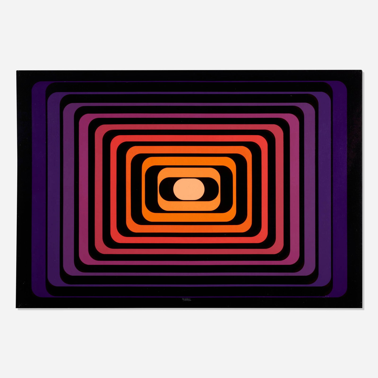 Yvaral (Jean-Pierre Vasarely), Progression Polychrome B: Yvaral (Jean-Pierre Vasarely) Progression Polychrome B 1971 acrylic on canvas 43.5 h x 63 w in (110 x 160 cm) Signed to lower edge 'Yvaral'. Signed, titled, and dated to verso 'Yvaral Progression