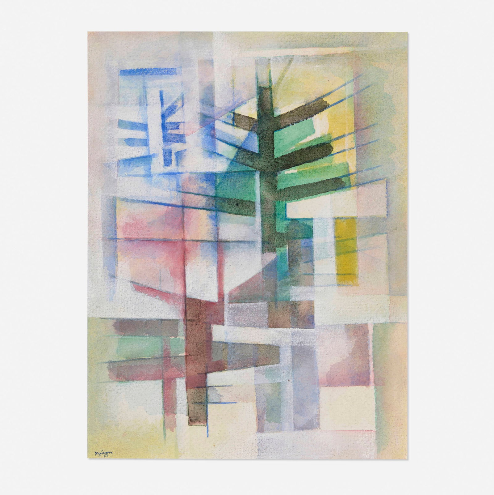 Jean Xceron, Composition #335: Jean Xceron Composition #335 1951 watercolor on paper sight: 11.5 h x 8.75 w in (29 x 22 cm) Signed and dated to lower left 'Xceron-51'. Signed, titled, dated, and inscribed to labels verso