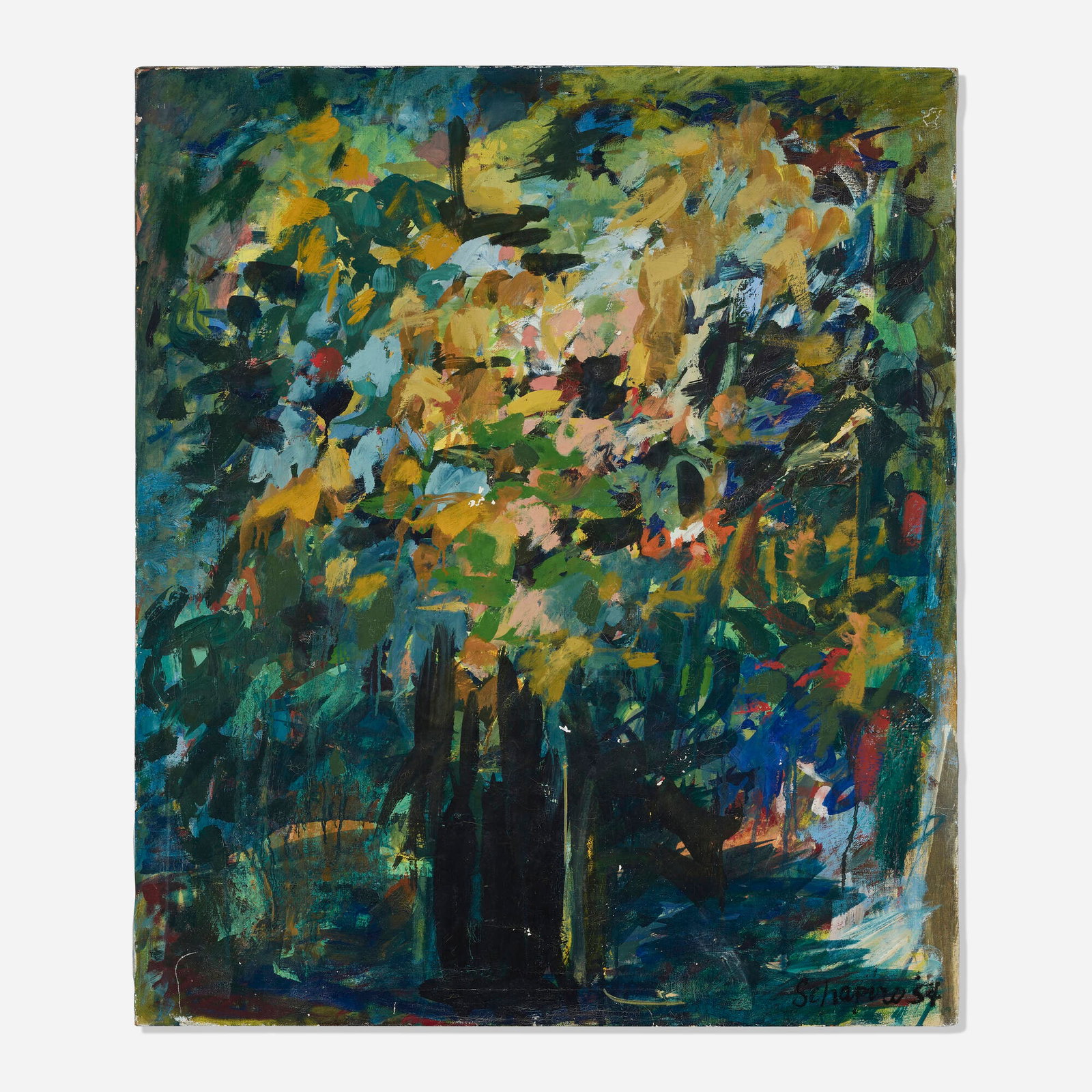 Miriam Schapiro, Untitled: Miriam Schapiro Untitled 1954 oil on canvas 40.875 h x 35 w in (104 x 89 cm) Signed and dated to lower right 'Schapiro 54'. Provenance: Gift from the artist to the present owner, Private