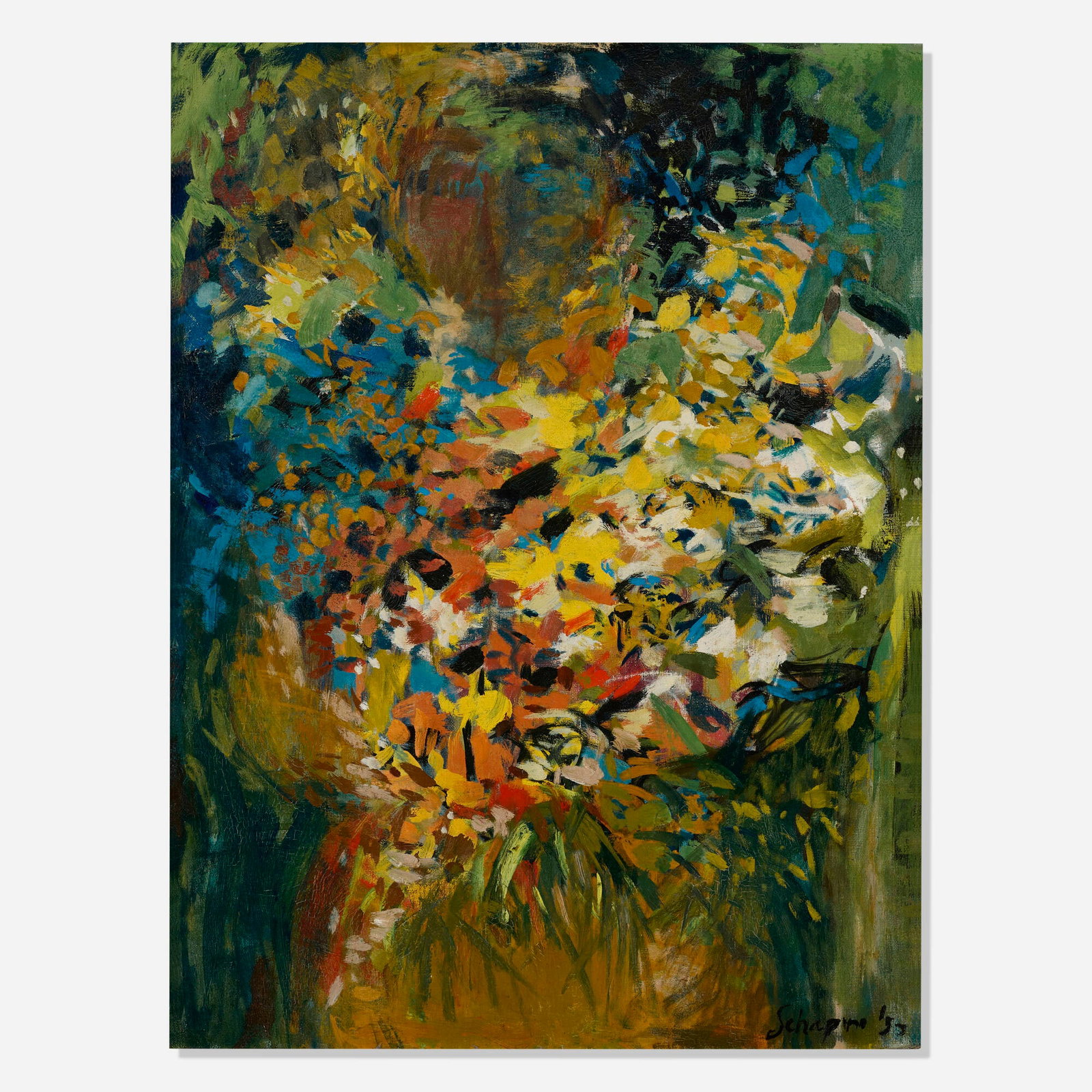 Miriam Schapiro, Untitled: Miriam Schapiro Untitled 1953 acrylic on canvas 32.25 h x 24 w in (82 x 61 cm) Signed and dated to lower right 'Schapiro '53'. This work will ship from Lambertville, New Jerse