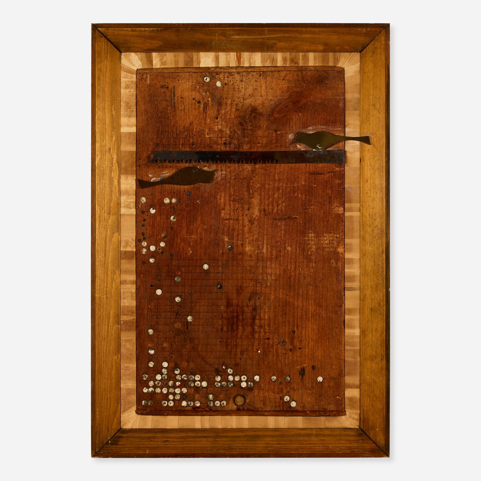 Varujan Boghosian, Game: Varujan Boghosian Game 1968 wood, leather, metal parts, thumb tacks and cotton construction in artist-made frame 33.25 h x 22.875 w in (84 x 58 cm) Provenance: Cordier & Ekstrom Gallery, New York |