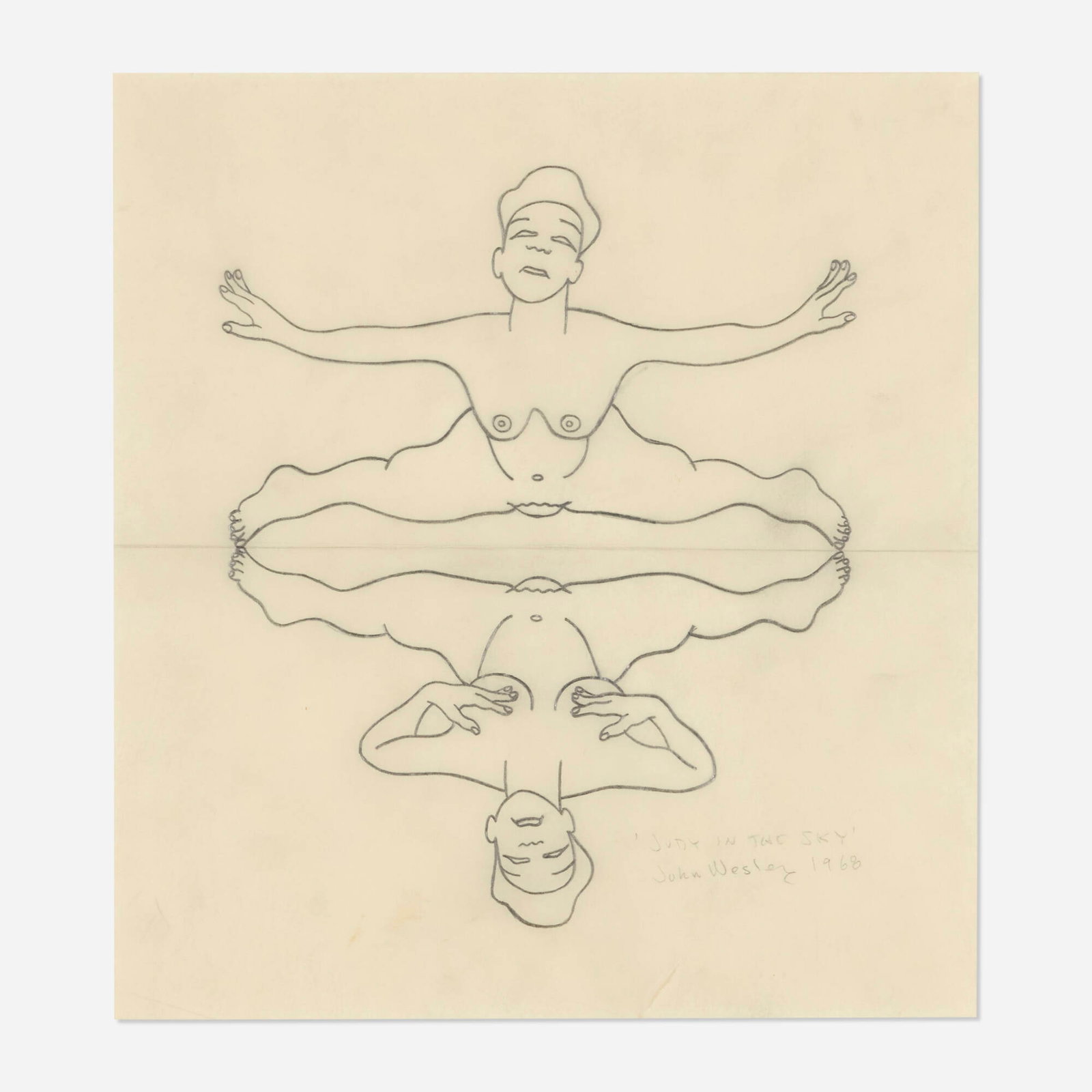 John Wesley, Judy in the Sky: John Wesley Judy in the Sky 1968 graphite on paper sight: 11.25 h x 10.25 w in (29 x 26 cm) Signed, titled, and dated to lower right 'Judy in the Sky John Wesley 1968'. Provenance: