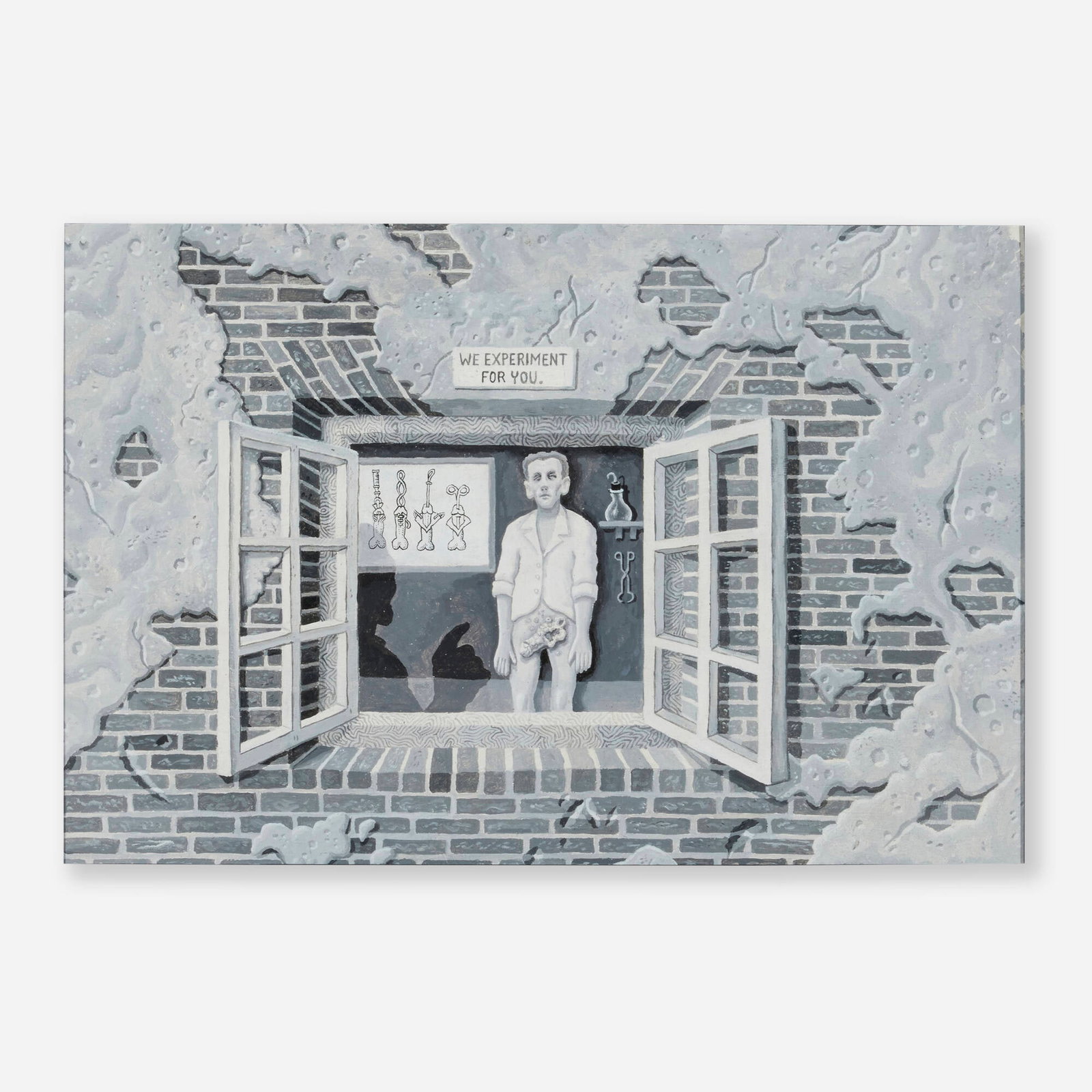 Joe Coleman, Untitled (We Experiment for You): Joe Coleman Untitled (We Experiment for You) c.1985 acrylic on Masonite 11.75 h x 17.875 w in (30 x 45 cm) Provenance: Doyle, New York, Doyle Next (Online Only), 30 May 2017, Lot 32 | Private