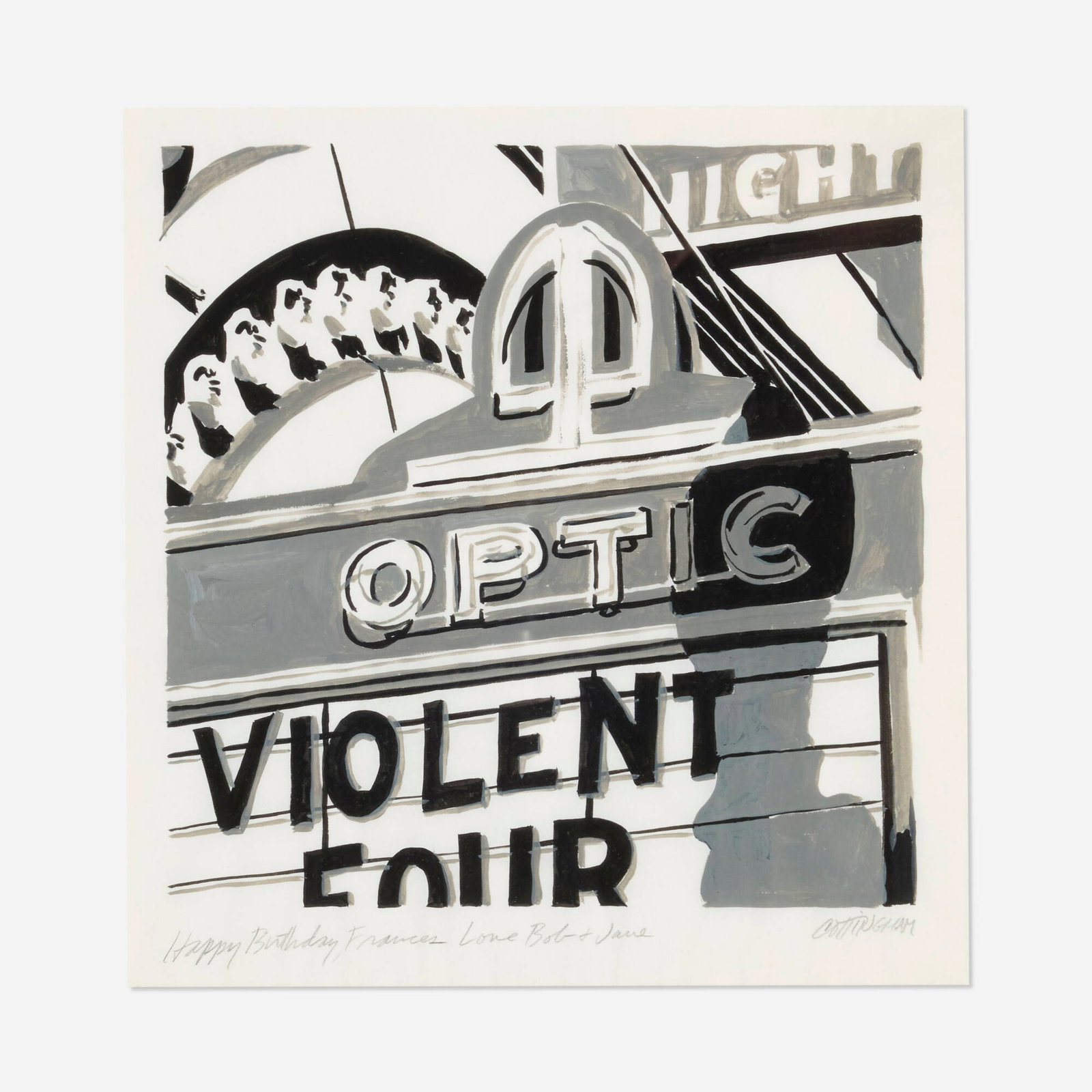Robert Cottingham, Untitled (Optic): Robert Cottingham Untitled (Optic) c. 1972 gouache on paper sight: 11.875 h x 11.5 w in (30 x 29 cm) Signed and inscribed to lower edge 'Happy Birthday, Frances Love Bob and Jane