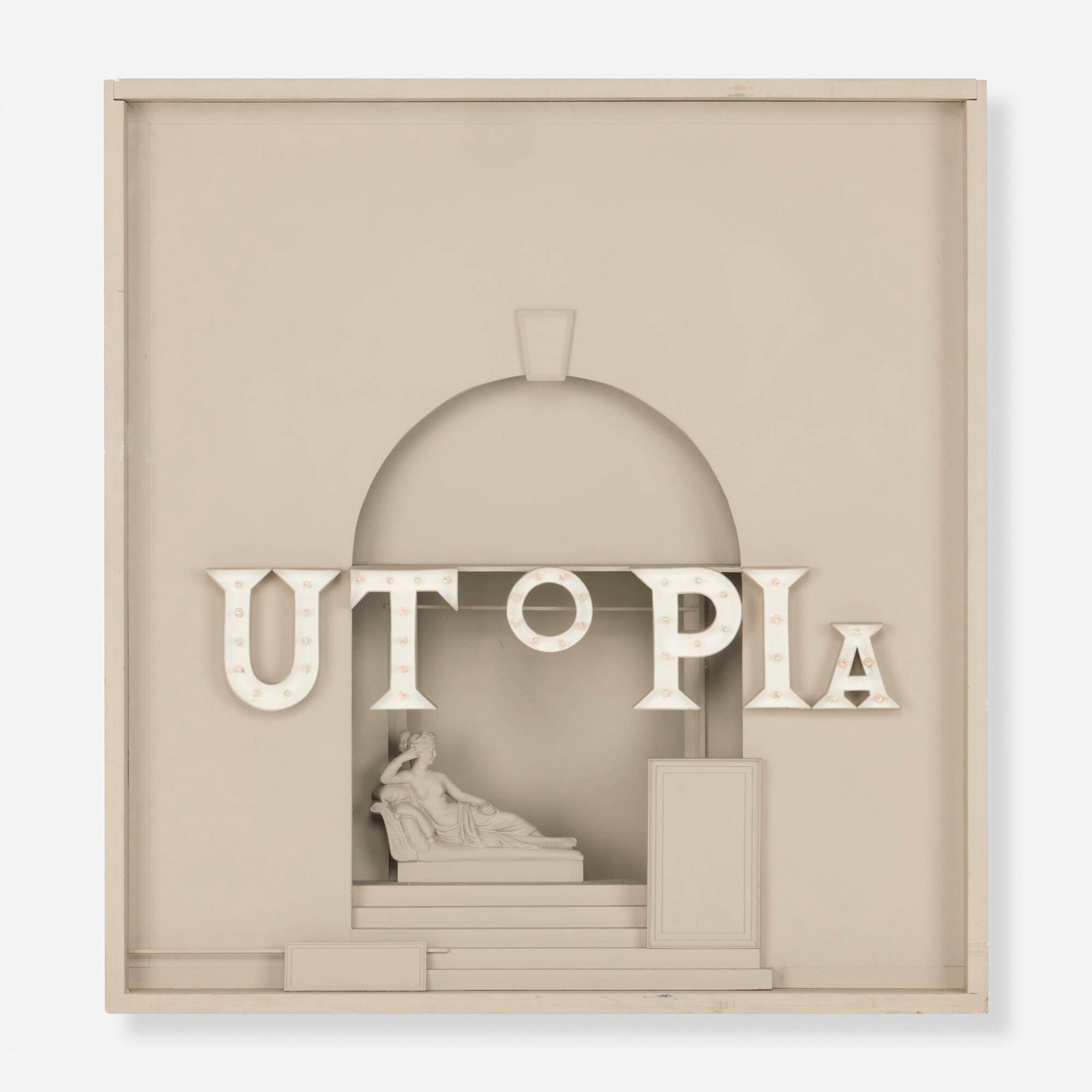 Cletus Johnson, Utopia: Cletus Johnson Utopia 1980 mixed media construction lightbox 33.125 h x 31.25 w x 11 d in (84 x 79 x 28 cm) Provenance: Leo Castelli Gallery, New York | Private Collection, New York Exhibited: Cletus