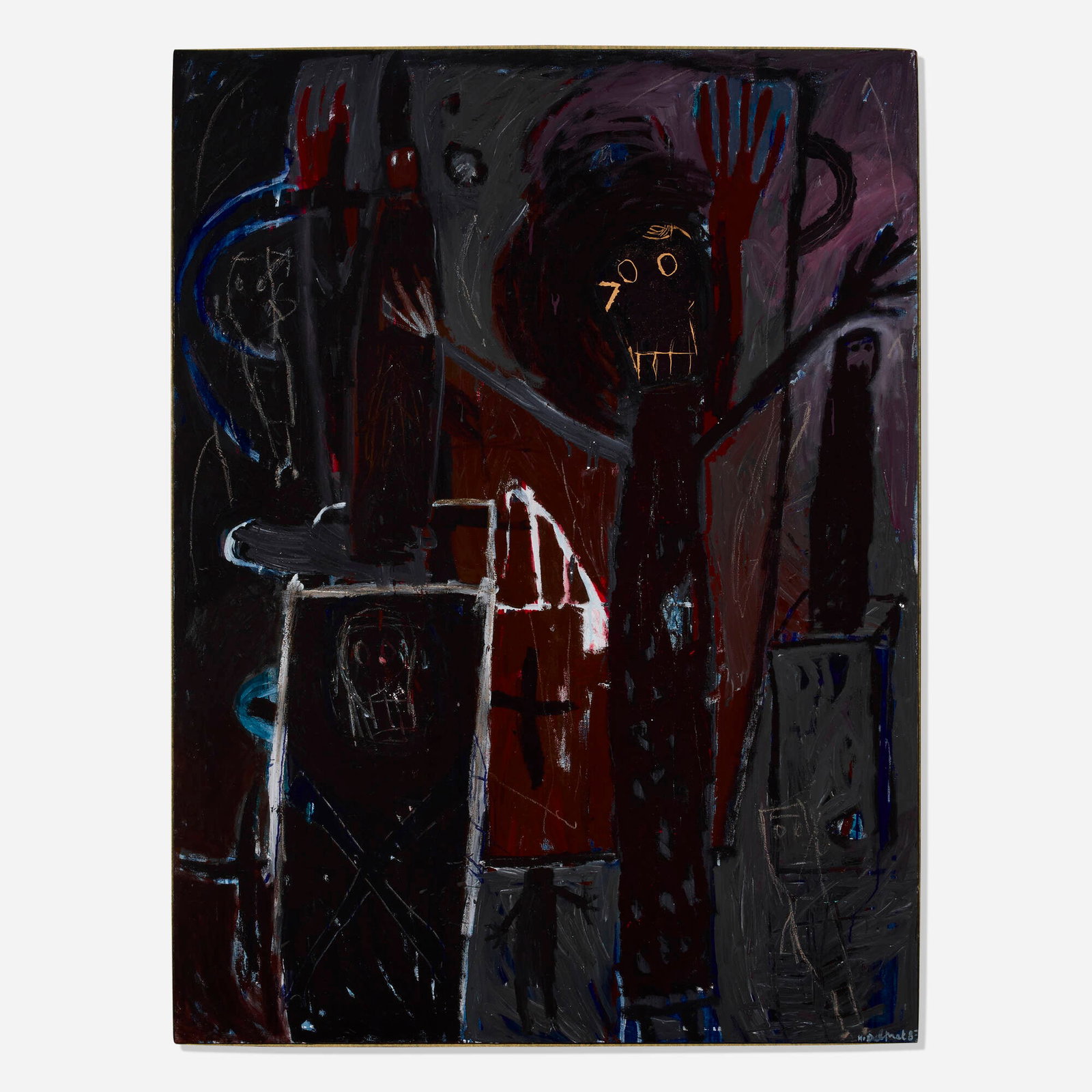 Helene Delprat, Untitled: Helene Delprat Untitled 1987 acrylic on paper mounted to canvas 70.5 h x 52.75 w in (179 x 134 cm) Signed and dated to lower right 'H Delprat 87'. Dated to verso 'Mai 87'.