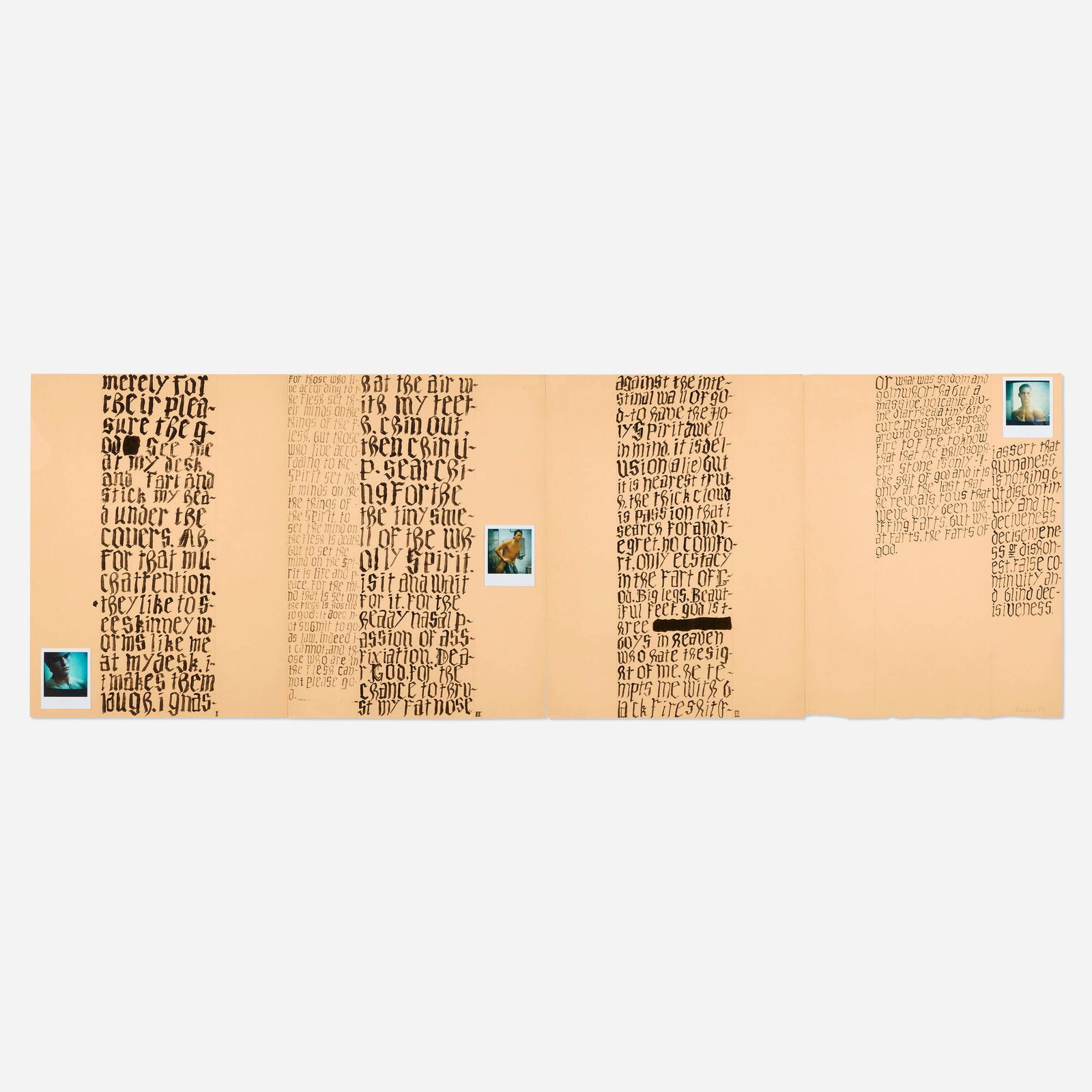 Richard Hawkins, The Fart of God: Richard Hawkins The Fart of God 1987 ink on paper with polaroids overall: 24 h x 72 w in (61 x 183 cm) sheet (each): 24 h x 18 w in (61 x 46 cm) Signed and dated to lower right 'Hawkins
