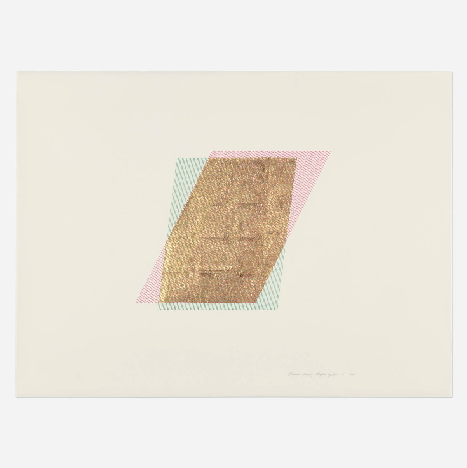 Channa Horwitz, Rhythm of Lines 1-4: Channa Horwitz Rhythm of Lines 1-4 1988 casein and 24k gold leaf on Mylar 30 h x 40 w in (76 x 102 cm) Signed, titled, and dated to lower edge 'Channa Horwitz Rhythm of Lines 1-4 1988'.