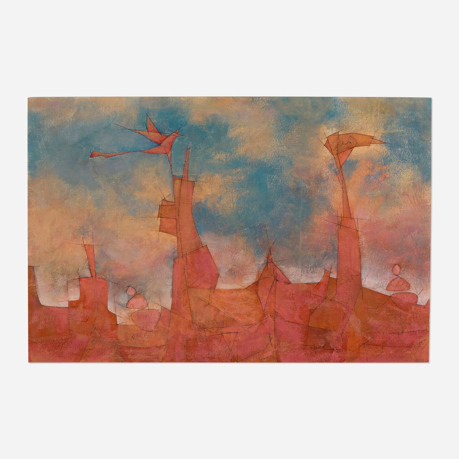 Pedro de Oraa, Premonicion del tiempo: Pedro de Oraa Premonicion del tiempo 1981 watercolor on cardboard 16.375 h x 24 w in (42 x 61 cm) Signed and dated to lower right 'Oraa '81'. Sold with a certificate of authenticity