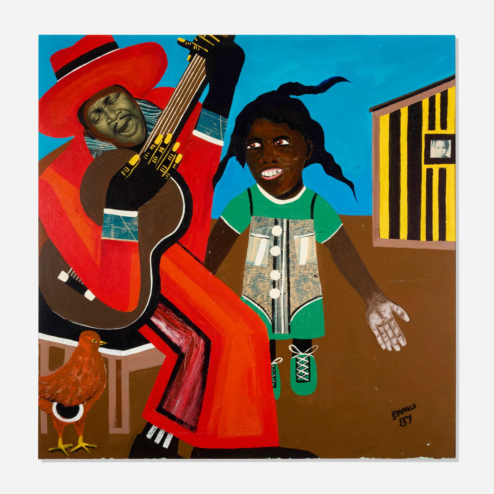 Damu, Untitled Man Performing With Guitar to Girl: Damu Untitled Man Performing With Guitar to Girl 1987 acrylic and collaged elements on MDF 46.75 h x 46 w in (119 x 117 cm) Signed and dated to lower right 'Damu 87'. Provenance: Private