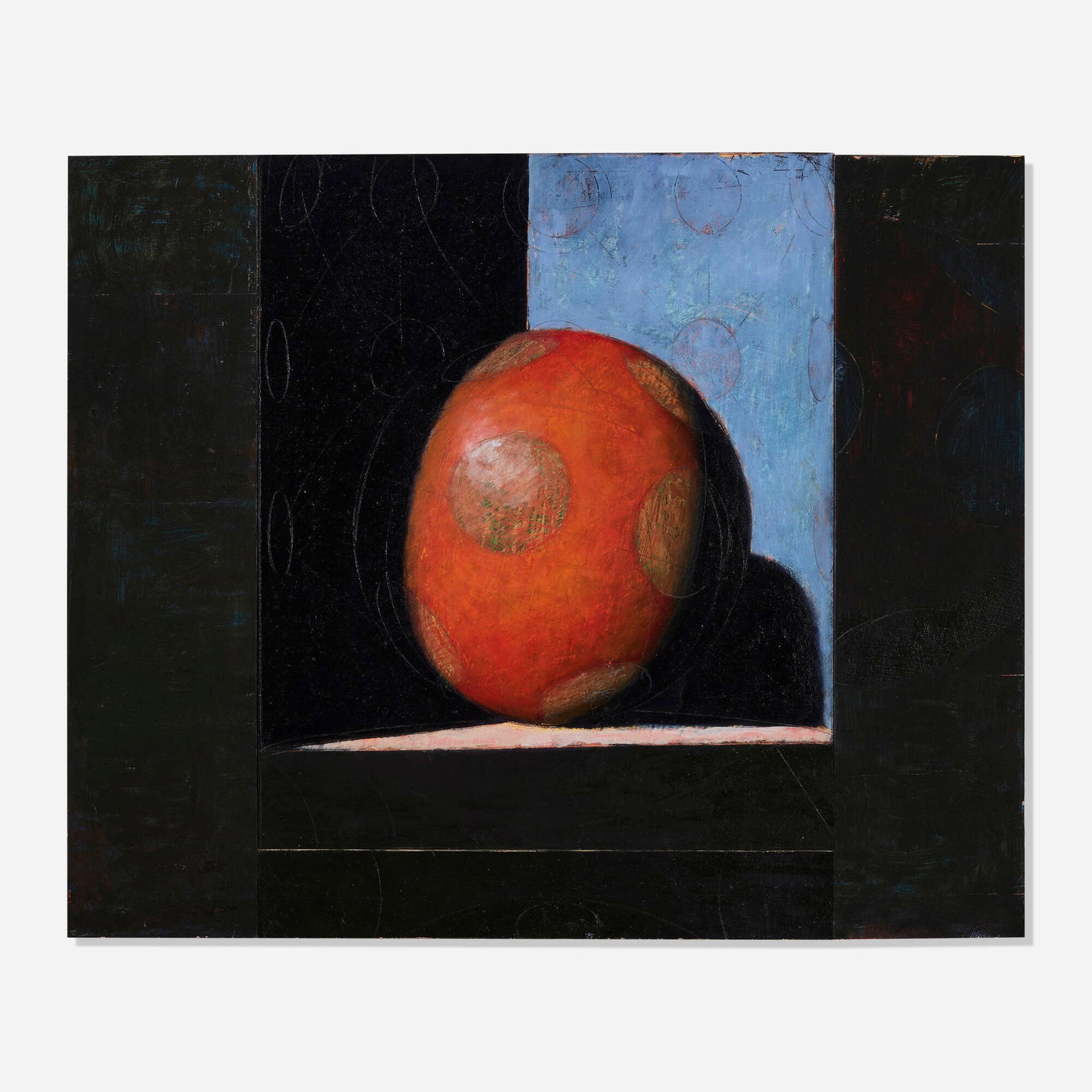 John Gibson, Red Ball in Niche: John Gibson Red Ball in Niche 1994 oil on panel 17.375 h x 21.25 w in (44 x 54 cm) Signed, titled, and dated to verso 'John Gibson Red Ball in Niche 6/94'. This work will ship from