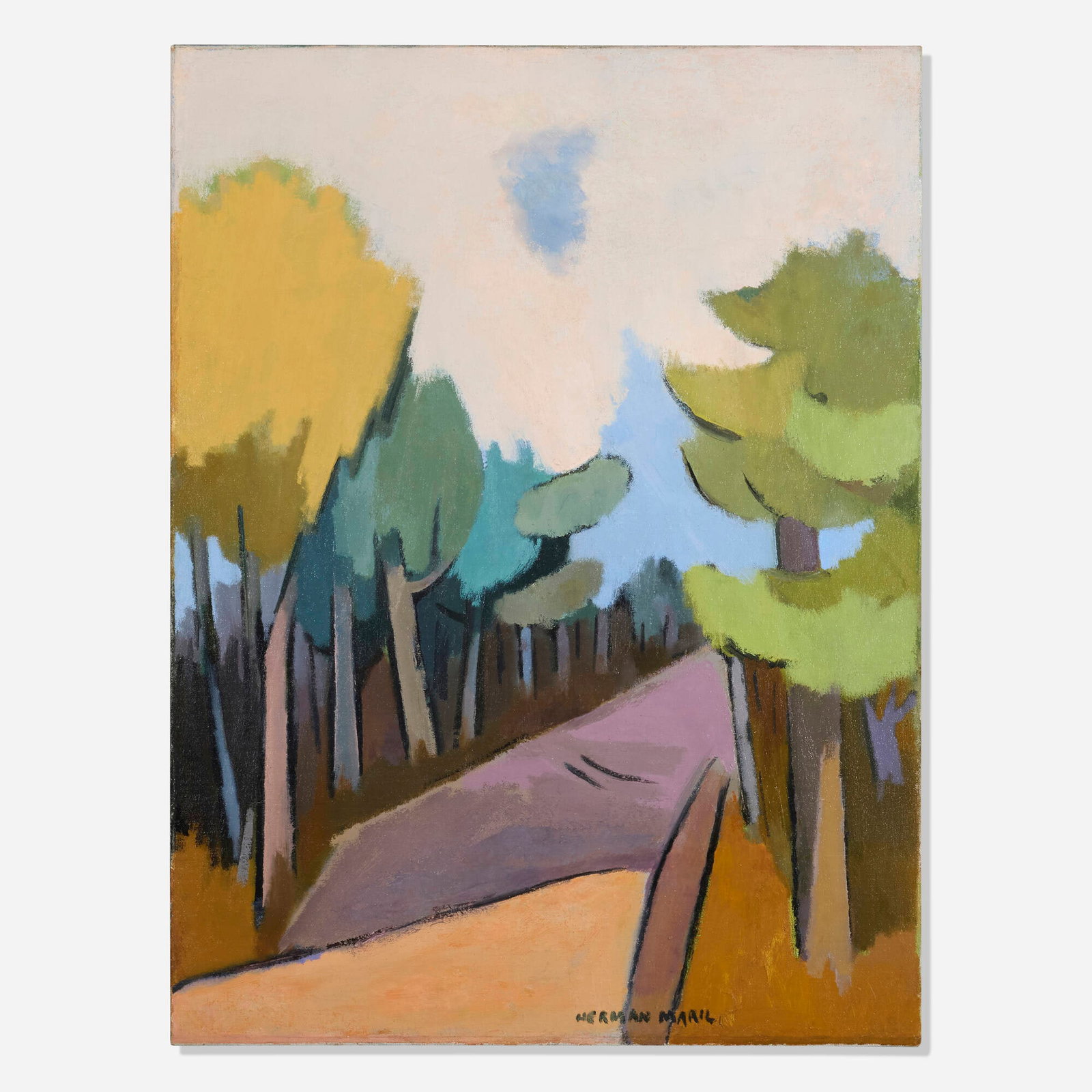 Herman Maril, Up the Road: Herman Maril Up the Road 1950 oil on canvas 32.125 h x 24 w in (82 x 61 cm) Signed to lower right 'Herman Maril'. Provenance: David Findlay Jr Gallery, New York | Private Collection This