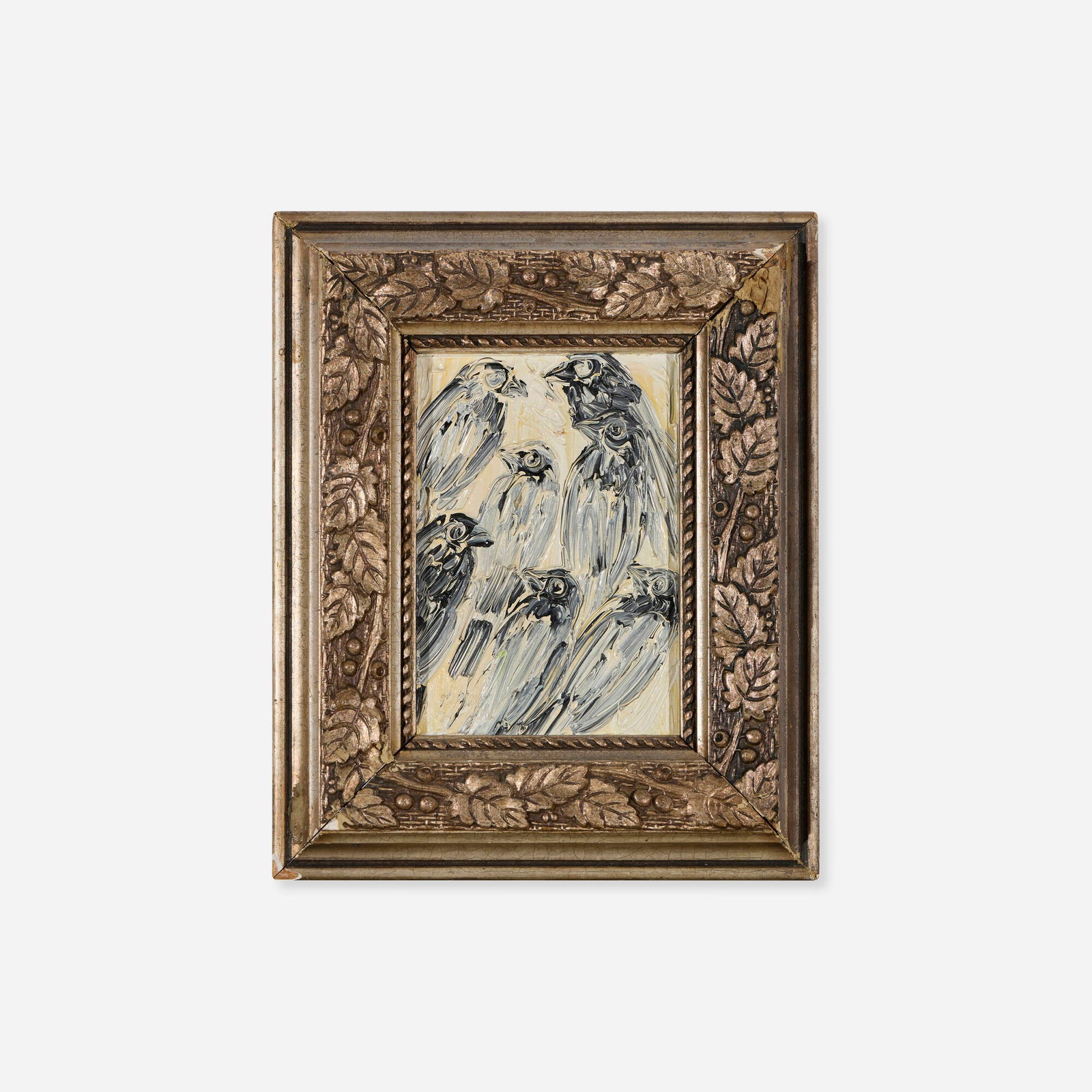 Hunt Slonem, Society Finches: Hunt Slonem Society Finches 1998 oil on wood panel in artist's frame 9 h x 7.5 w x 1.5 d in (23 x 19 x 4 cm) Signed, titled and dated to verso 'Hunt Slonem Society Finches 1998'.