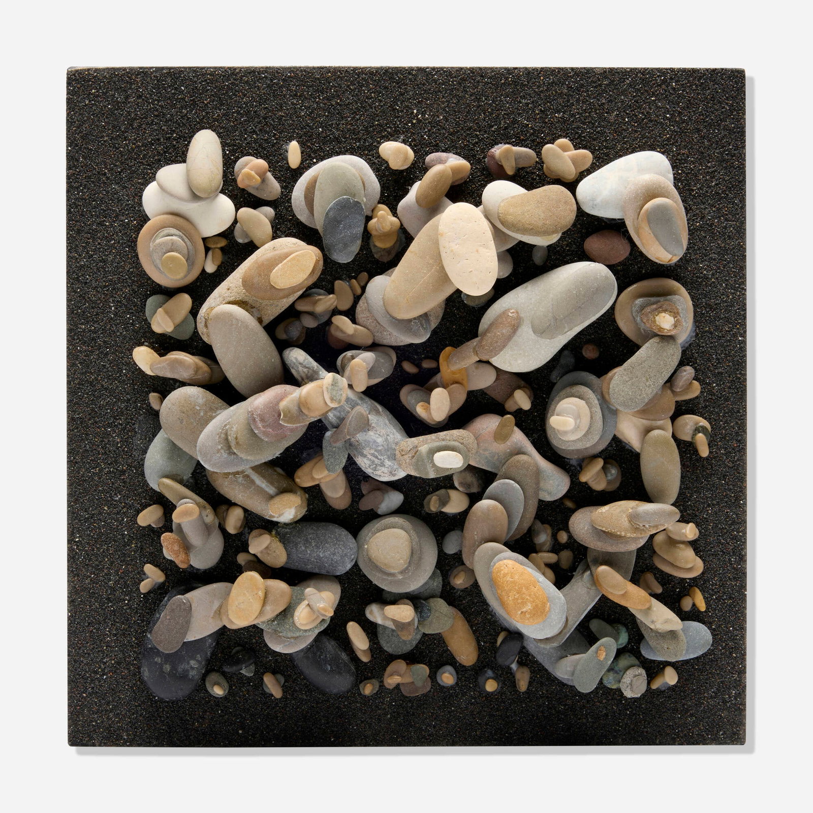 Mary Bauermeister, Chaos Stone Picture: Mary Bauermeister Chaos Stone Picture 2015 stones on plywood coated with volcanic sand 6 h x 6 w x 1.75 d in (15 x 15 x 4 cm) Signed, titled, dated, and numbered to verso 'Mary Bauermeister