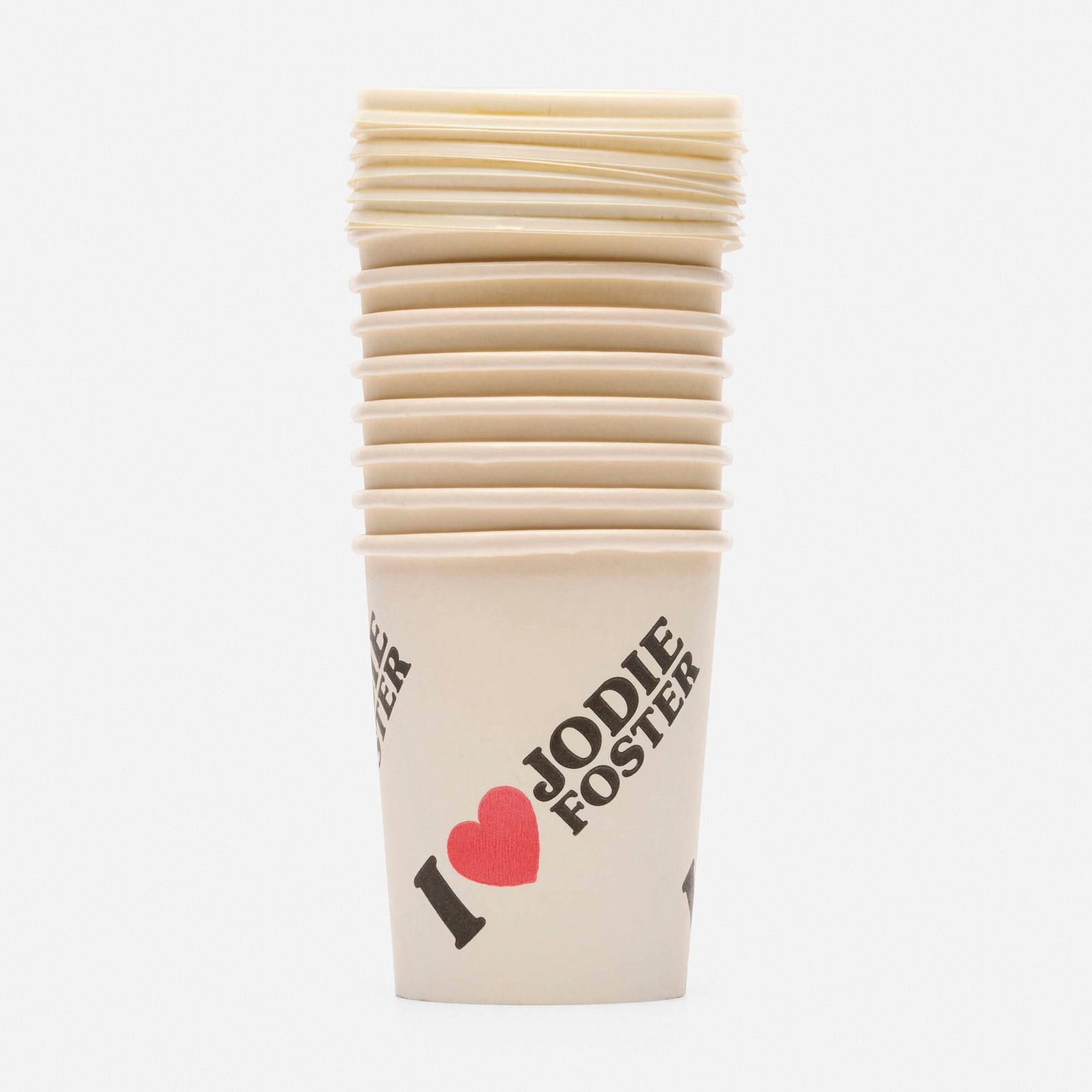 Adam Rolston, I Love Jodie Foster: Adam Rolston I Love Jodie Foster 1990-1991 set of eight coffee cups with lids cup (each): 4 h x 3.25 w x 3.25 dia in (10 x 8 x 8 cm) lid (each): 0.5 h x 3.25 w x 3.25 dia in (1 x 8 x 8 cm) These