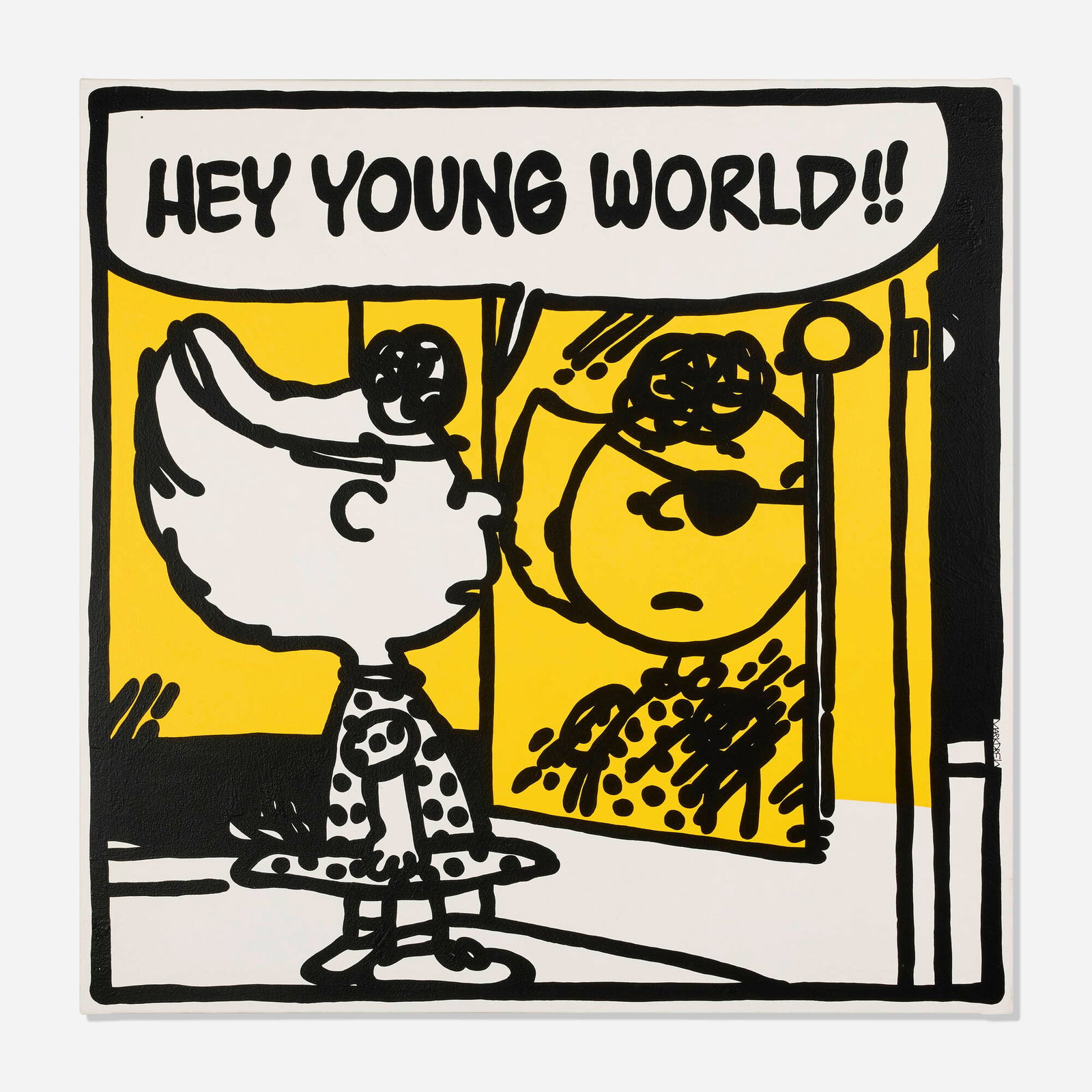 Mark Drew, Young World (Slick Rick): Mark Drew Young World (Slick Rick) 2017 acrylic on canvas 35.5 h x 35.5 w in (90 x 90 cm) Signed to lower right 'Mark Drew'. Signed, titled, and inscribed to verso 'Mark Drew Slick