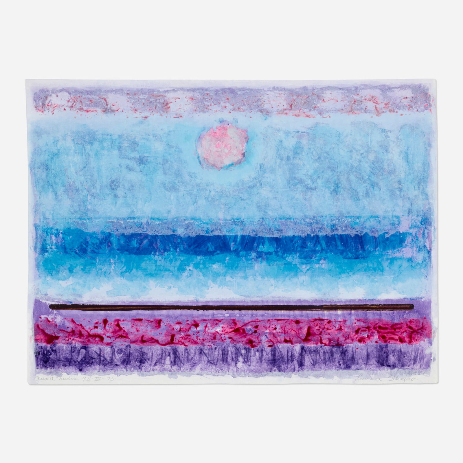 Lawrence Calcagno, Untitled (43-III-75): Lawrence Calcagno Untitled (43-III-75) 1975 mixed media on paper 22 h x 29.5 w in (56 x 75 cm) Signed, dated, and inscribed to lower edge 'Mixed Media 43-III-75 Lawrence Calcagno'.