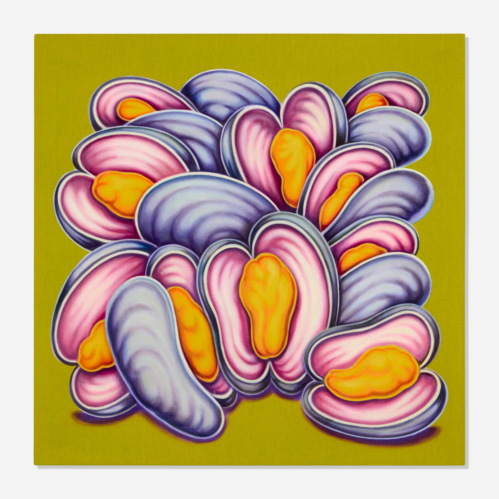 Pedro Pedro, Mussels: Pedro Pedro Mussels 2022 acrylic and textile paint on linen 24 h x 24 w in (61 x 61 cm) Signed, titled, and dated to verso 'Pedro Pedro 2022 Mussels'. Provenance: Anat Ebgi Gallery, Los