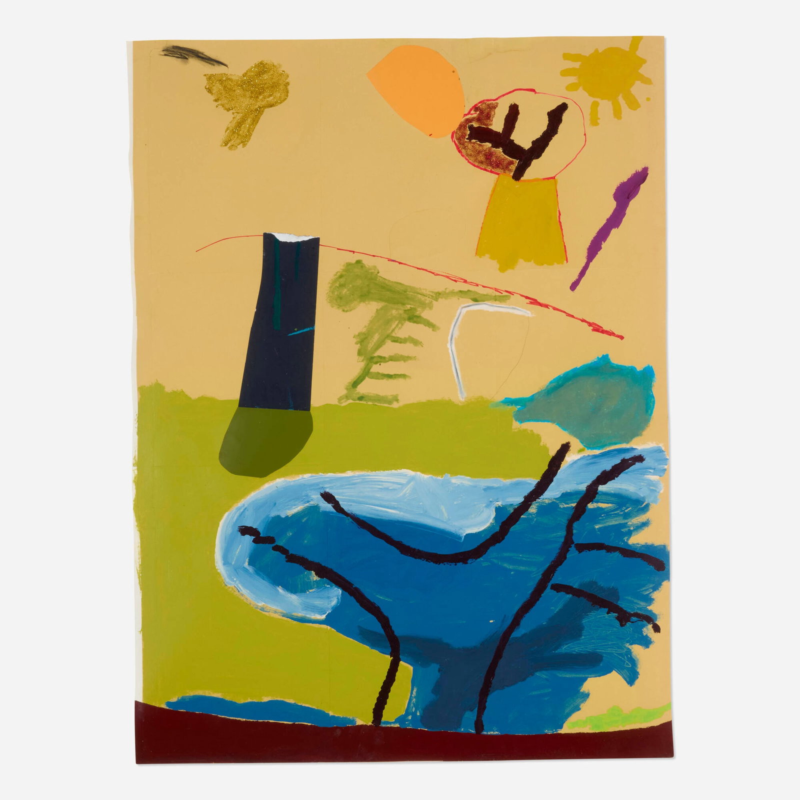 Torey Thornton, No one could force that shadow to stand like that: Torey Thornton No one could force that shadow to stand like that 2014 acrylic, nail polish, Sharpie, oil pastel, graphite, glitter glue and collage on paper 37.5 h x 27.5 w in (95 x 70 cm)