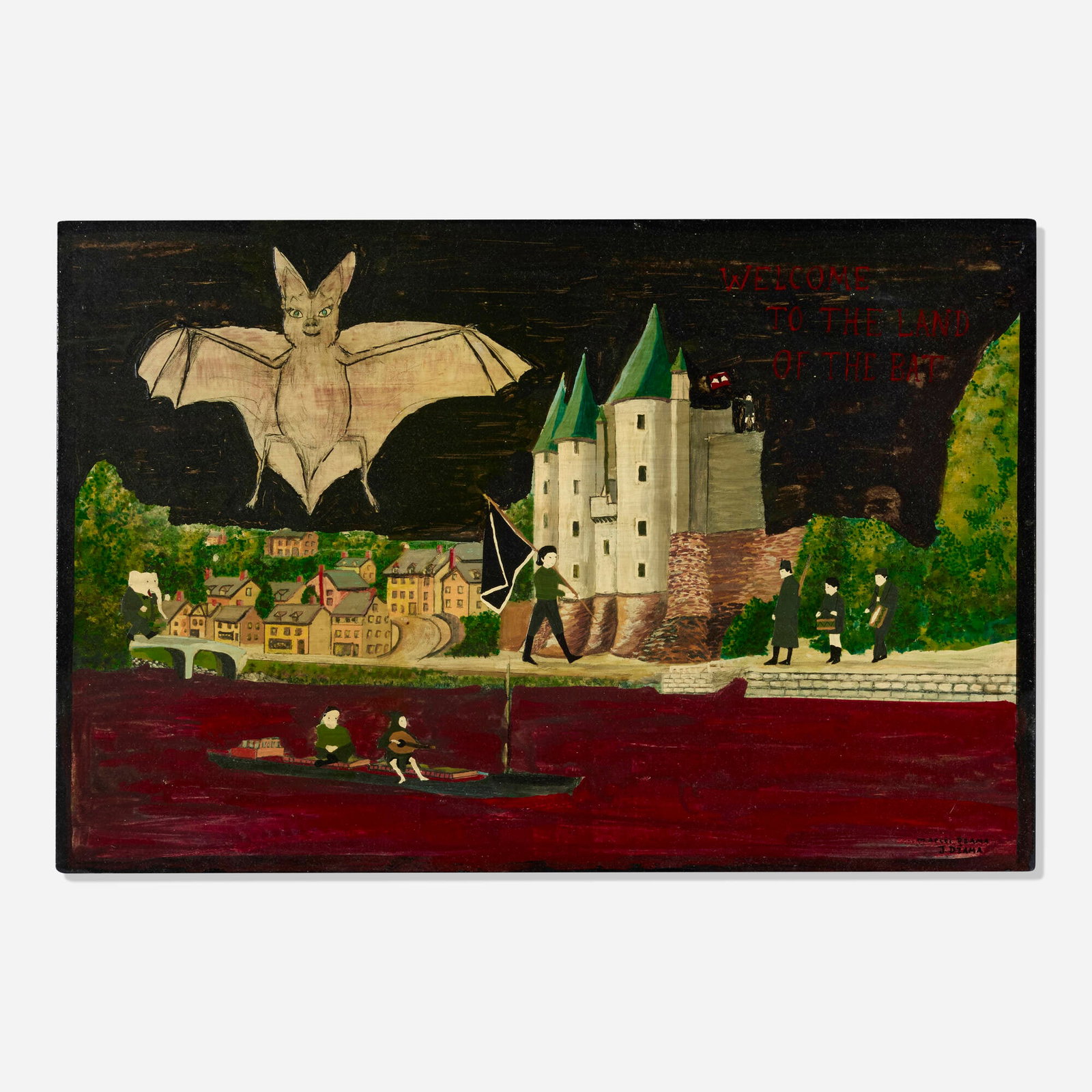 Marcel and Jeanette Dzama, Welcome to the Land of the Bat: Marcel and Jeanette Dzama Welcome to the Land of the Bat c. 2004 oil on panel 16 h x 24 w in (41 x 61 cm) Signed to lower right 'Marcel Dzama J. Dzama'. Provenance: Richard Heller Gallery,