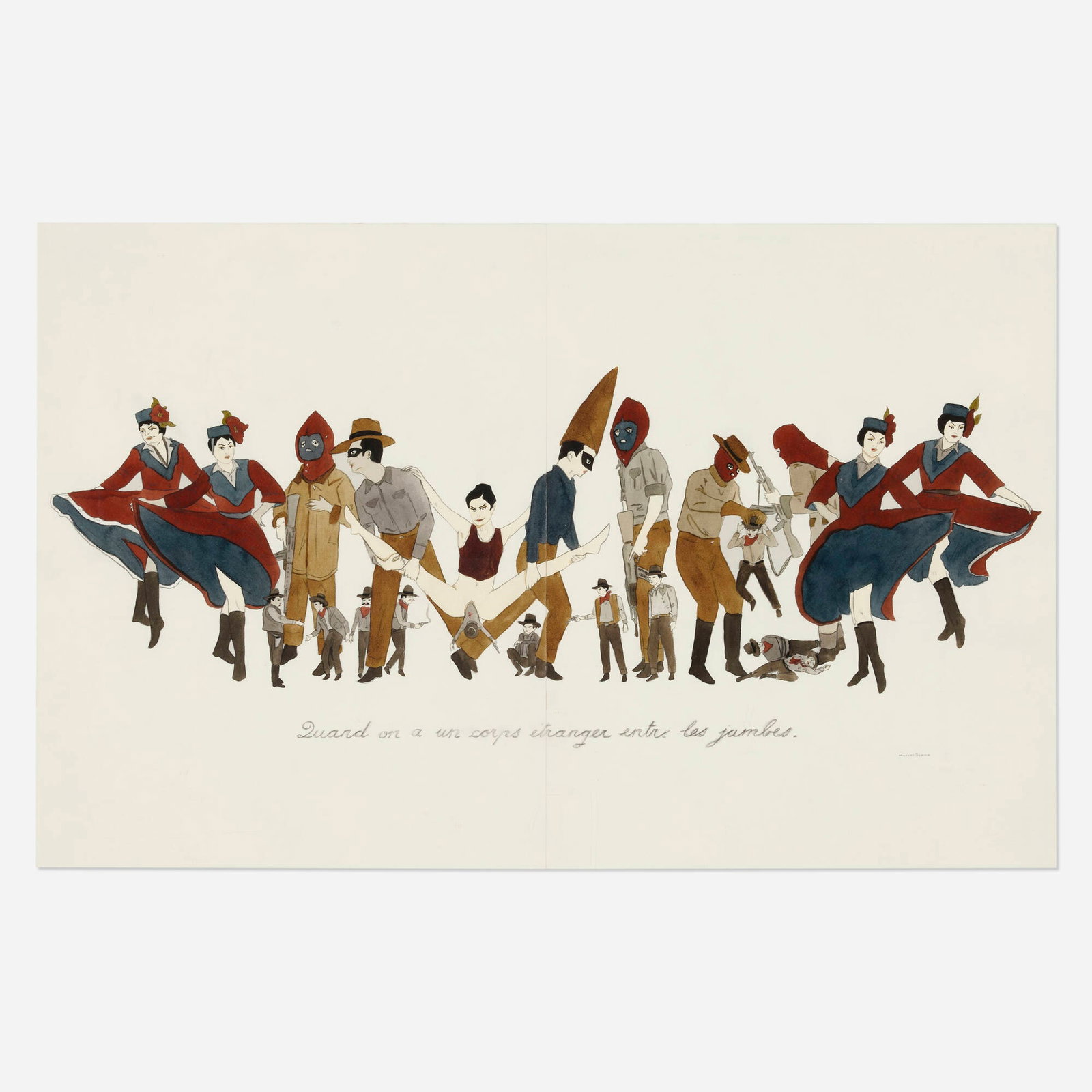 Marcel Dzama, Quand on a un corps etranger entre les jambes: Marcel Dzama Quand on a un corps etranger entre les jambes 2009 ink and watercolor on paper 14 h x 22 w in (36 x 56 cm) Signed and titled to lower edge 'Quand on a un corps etranger entre les