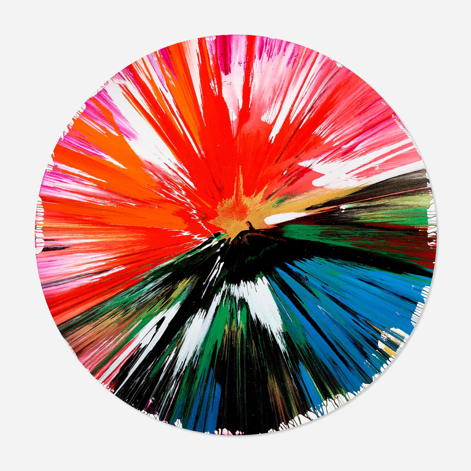 Damien Hirst, Circle Spin Painting: Damien Hirst Circle Spin Painting 2009 acrylic on paper 20.5 h x 20.5 w in (52 x 52 cm) Bears Hirst stamped signature and inscription 'This painting was made by to celebrate the opening of Damien