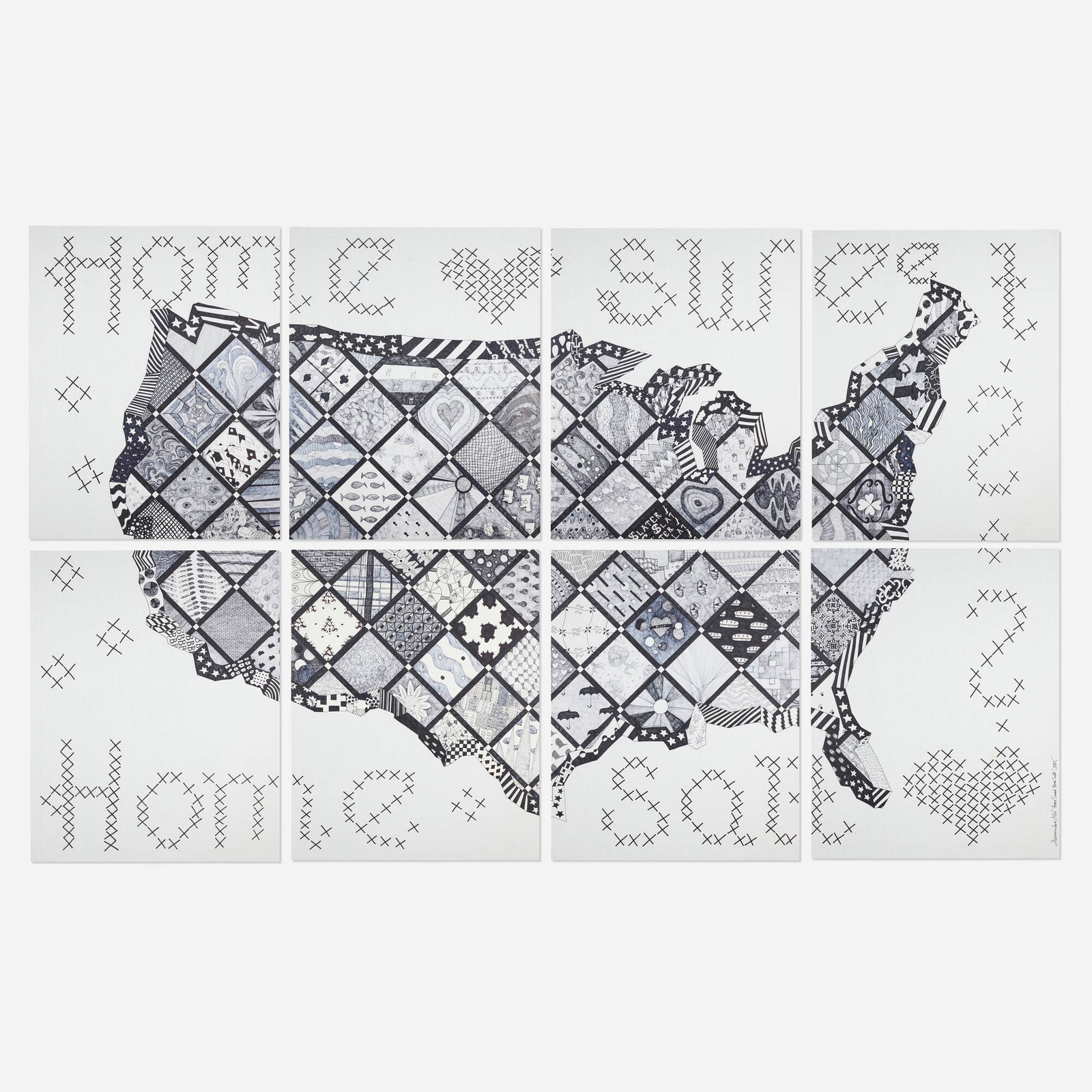 Aleksandra Mir, Home Sweet Home: Aleksandra Mir Home Sweet Home 2005 fiber-tipped pen on paper in eight parts overall: 120 h x 190 w in (305 x 483 cm) sheet (each): 60 h x 48 w in (152 x 122 cm) Signed, titled, dated, and inscribe