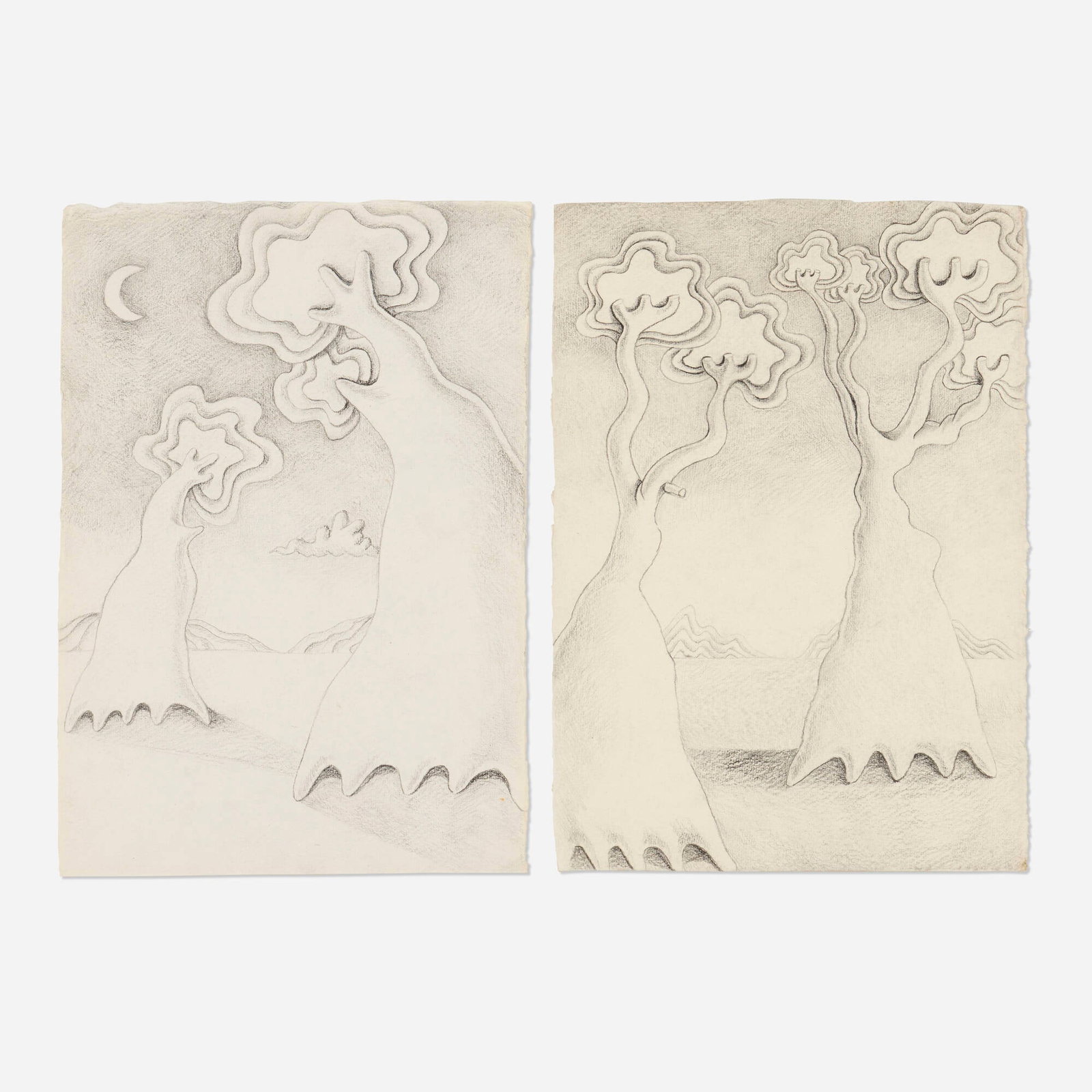 Daisy Dodd-Noble, Two Trees in Desert Under Moonlight; Tree Branches in Desert (two works): Daisy Dodd-Noble Two Trees in Desert Under Moonlight; Tree Branches in Desert (two works) 2021, 2022 graphite on paper each: 11.75 h x 8.125 w in (30 x 21 cm) This work will ship from Lambertville,