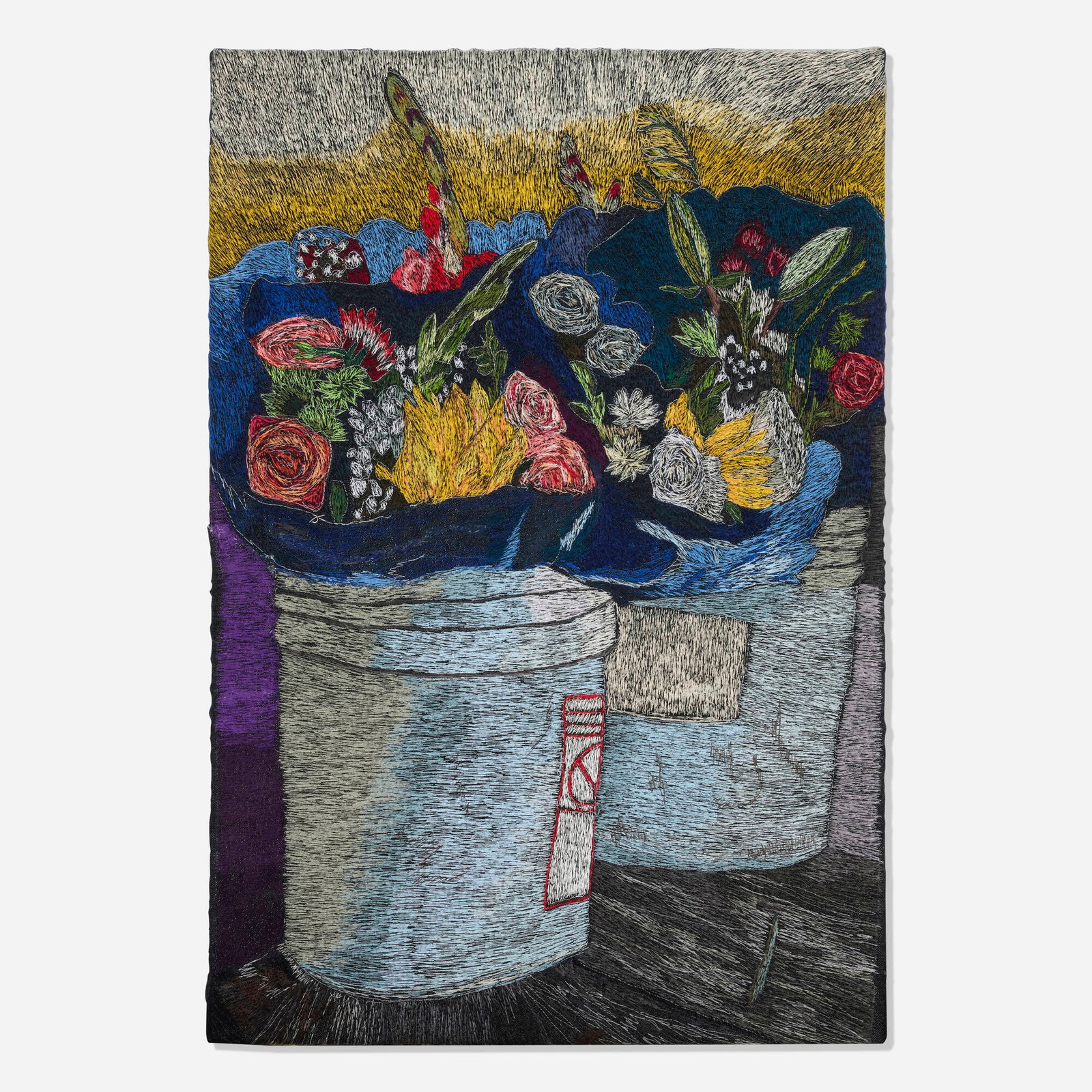 Erick Medel, Flores en cubetas: Erick Medel Flores en cubetas 2021 embroidery on denim wrapped to board 34 h x 23 w in (86 x 58 cm) Signed and dated to verso 'Erick Medel 2021'. Exhibited: Erick Medel: Hustling de Sol a