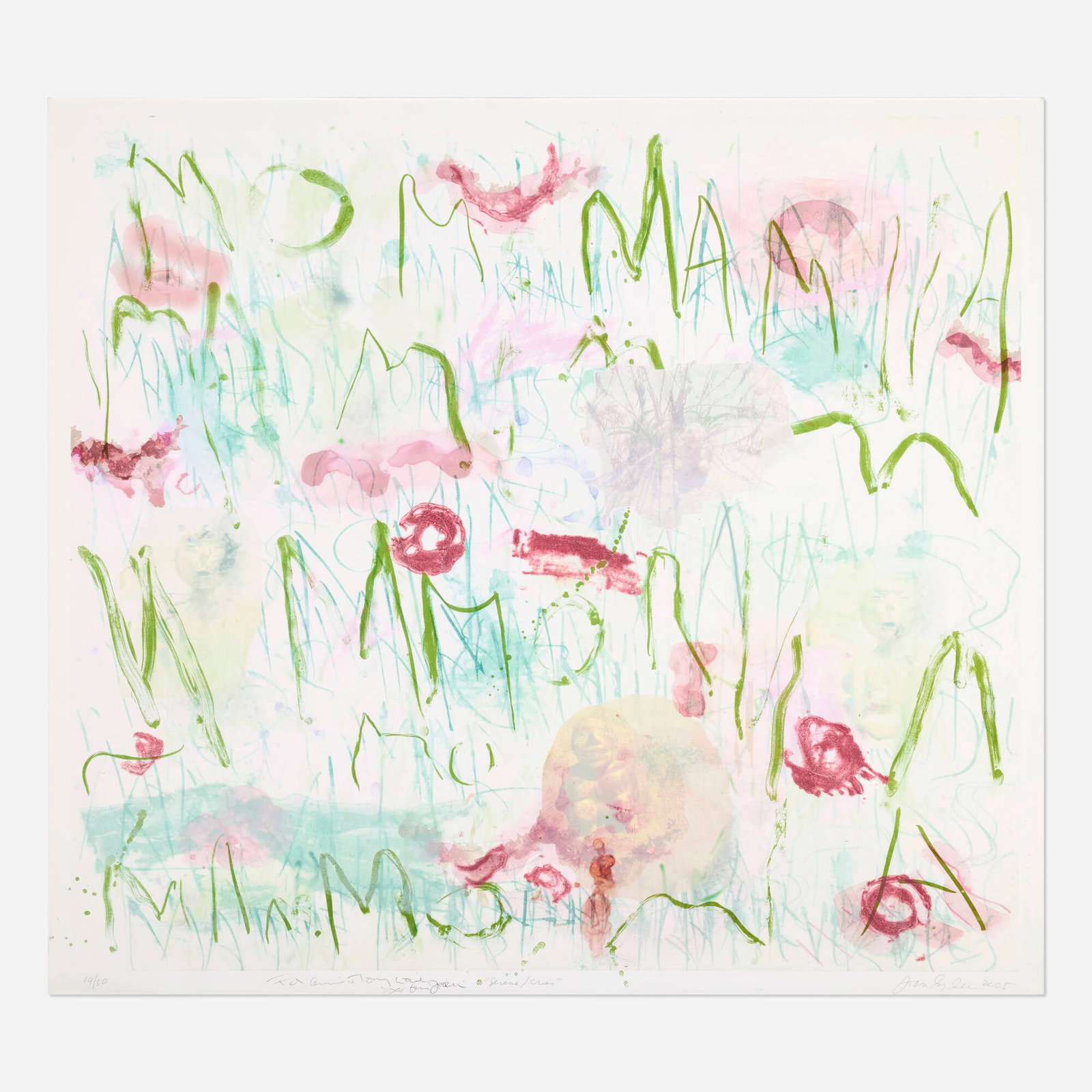 Joan Snyder, Serene / Cries: Joan Snyder Serene / Cries 2005 color digital print, lithograph in green, and carborundum plate in red and light green with chine colle on Somerset Enhanced paper image: 34.25 h x 37.5 w in (87 x 95