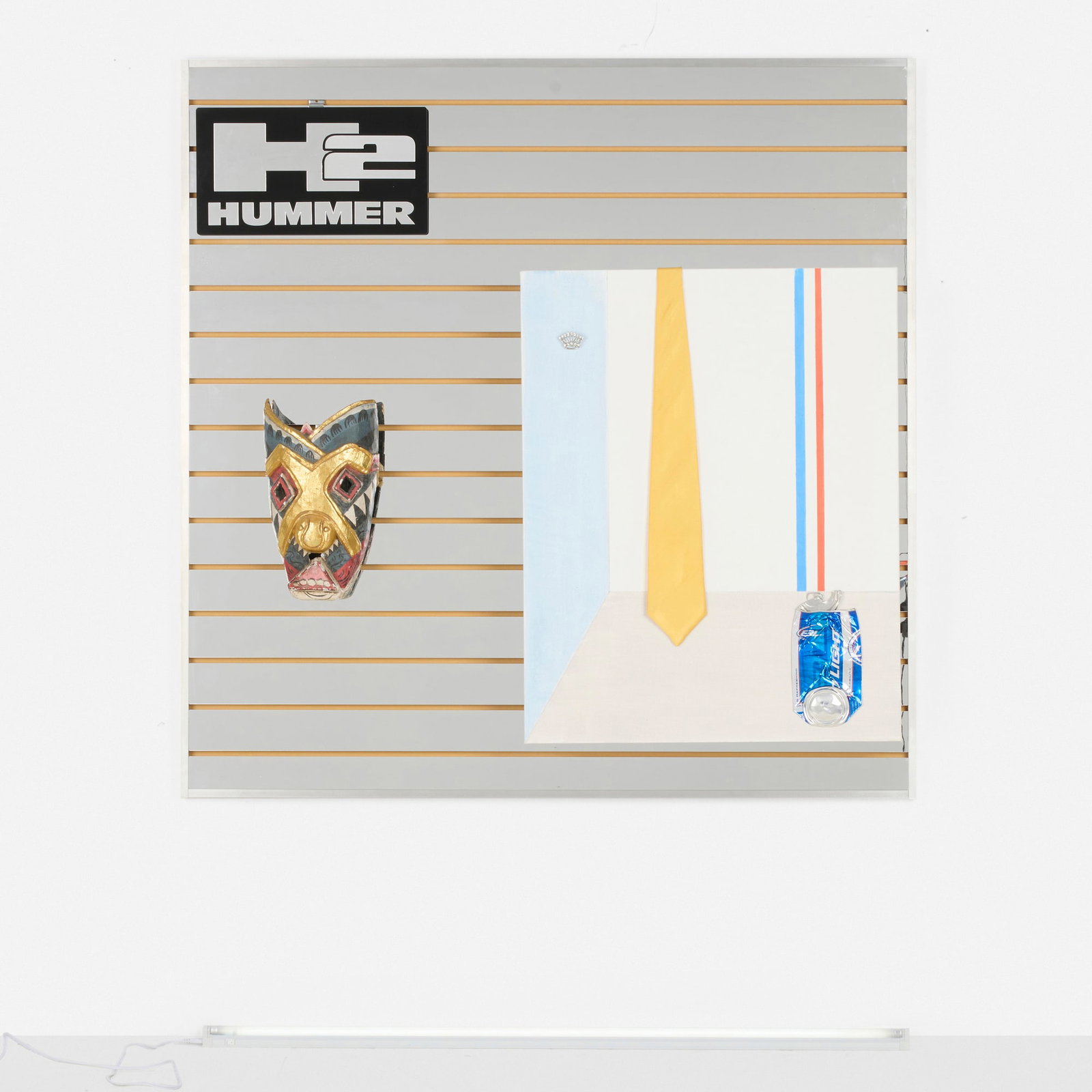 Josephine Meckseper, Budlight: Josephine Meckseper Budlight 2013 metal fixtures, acrylic sign, wooden mask, mixed media on canvas on acrylic mirrored MDF slatwall with aluminum edging and fluorescent lights overall: 47.625 h x