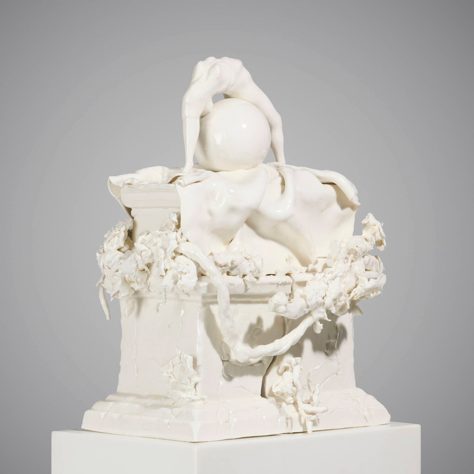 Rachel Kneebone, Veiled and Masked Dancer: Rachel Kneebone Veiled and Masked Dancer 2012 porcelain, marble sculpture: 27.5 h x 19.75 w x 13.5 d in (70 x 50 x 34 cm) pedestal: 35.5 h x 19.75 w x 13.5 d in (90 x 50 x 34 cm) Provenance: White