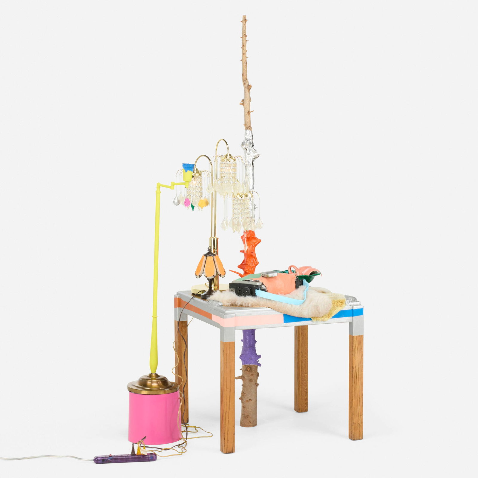 Jessica Stockholder, Untitled: Jessica Stockholder Untitled 2003 tree trunk, two radios, ceramic bowl, pink plastic bucket, three lamps, fake fur, acrylic paint, aluminum/tar flashing, purple power bar, silicone caulking as glue