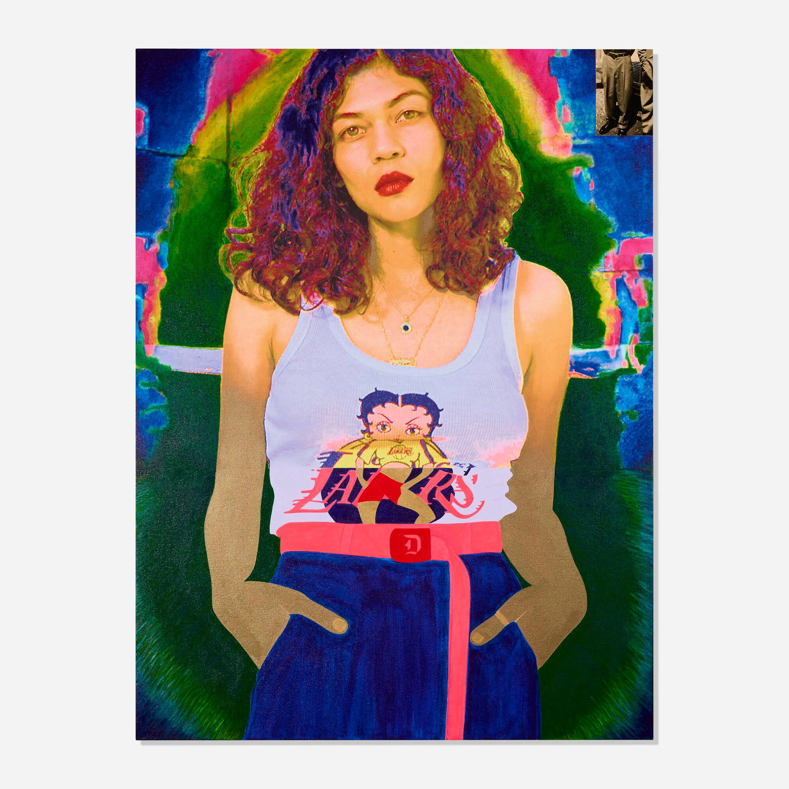 Gabriella Sanchez, (Proto) Type / Diana: Gabriella Sanchez (Proto) Type / Diana 2021 house paint, acrylic, oil stick, spray paint, graphite and archival pigment prints on canvas 48 h x 54 w in (122 x 137 cm) Signed, titled, dated, and inscri