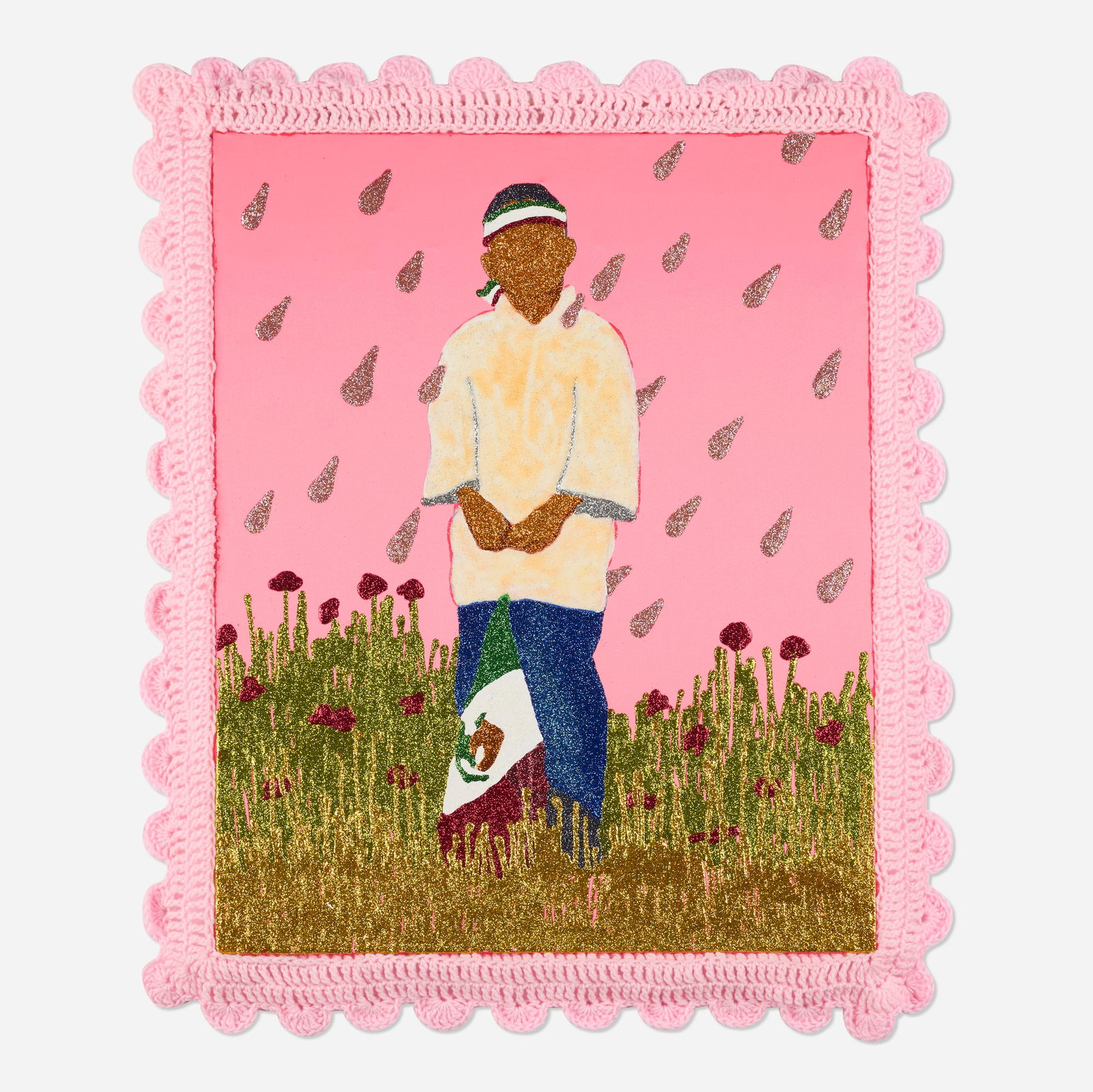 Moises Salazar Tlatenchi, Chamacos: Moises Salazar Tlatenchi Chamacos 2021 glitter on satin laid to canvas, artist-made yarn frame 36 h x 29.5 w in (91 x 75 cm) Signed and dated to verso 'Moises Salazar Tlatenchi 2021'.