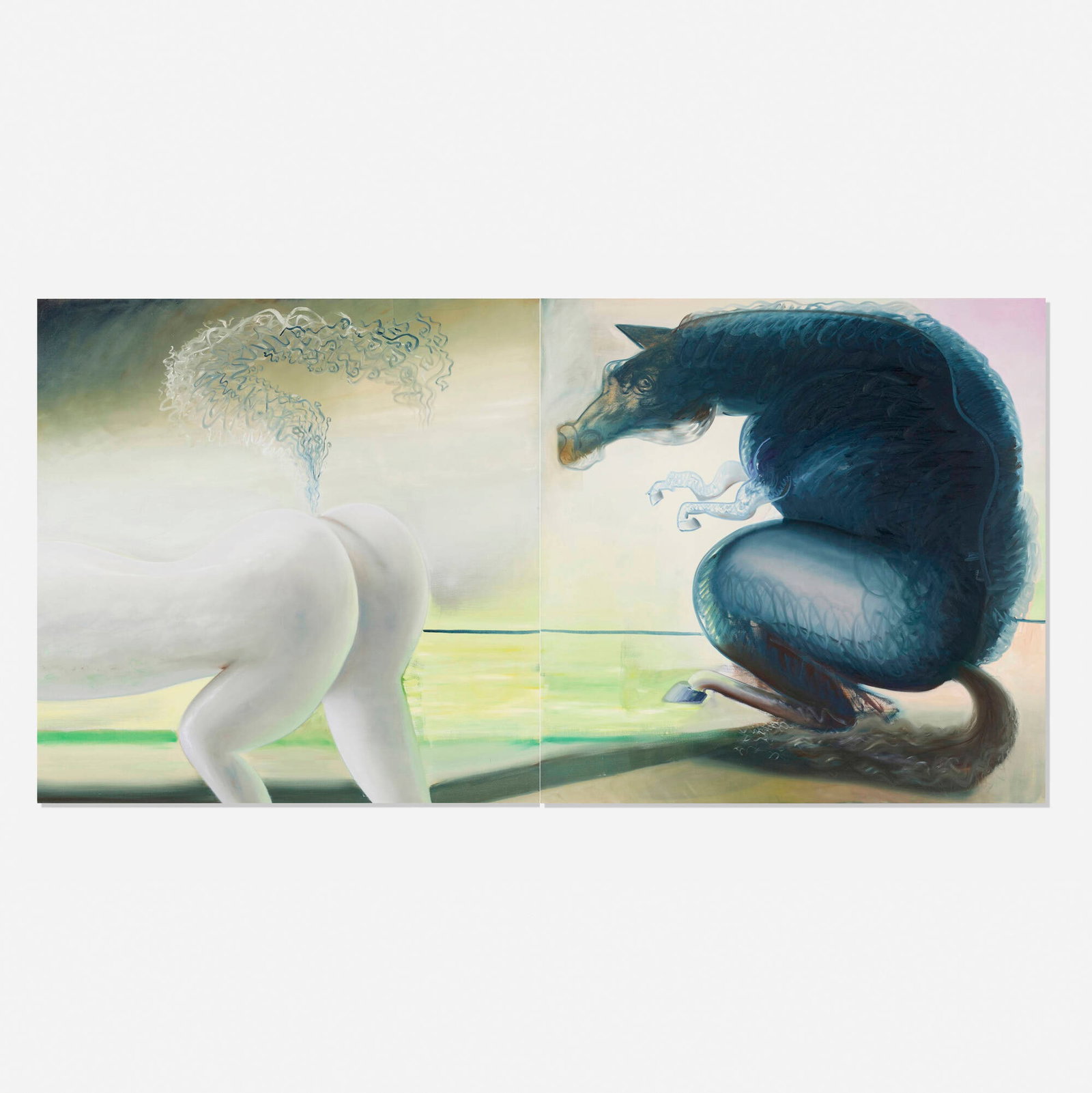 Katherina Olschbaur, Horse Creep: Katherina Olschbaur Horse Creep 2018 oil on canvas in two parts overall: 78.75 h x 157.5 w in (200 x 400 cm) each: 78.75 h x 78.75 w in (200 x 200 cm) Signed, titled, and dated to verso of each panel