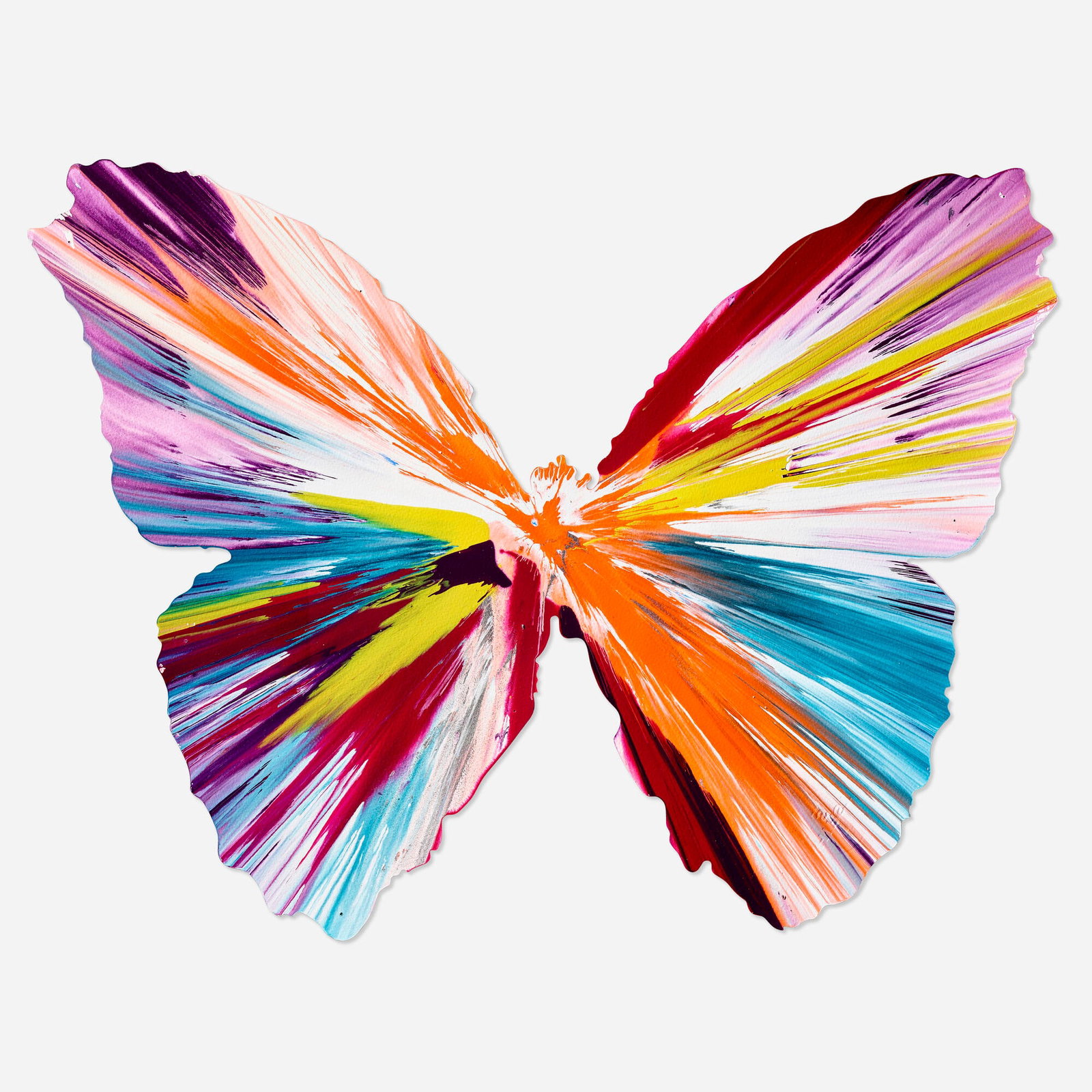Damien Hirst, Butterfly Spin Painting: Damien Hirst Butterfly Spin Painting 2009 acrylic on paper 19.75 h x 26.5 w in (50 x 67 cm) Bears Hirst stamped signature and inscription 'This painting was made by to celebrate the opening of Damien 