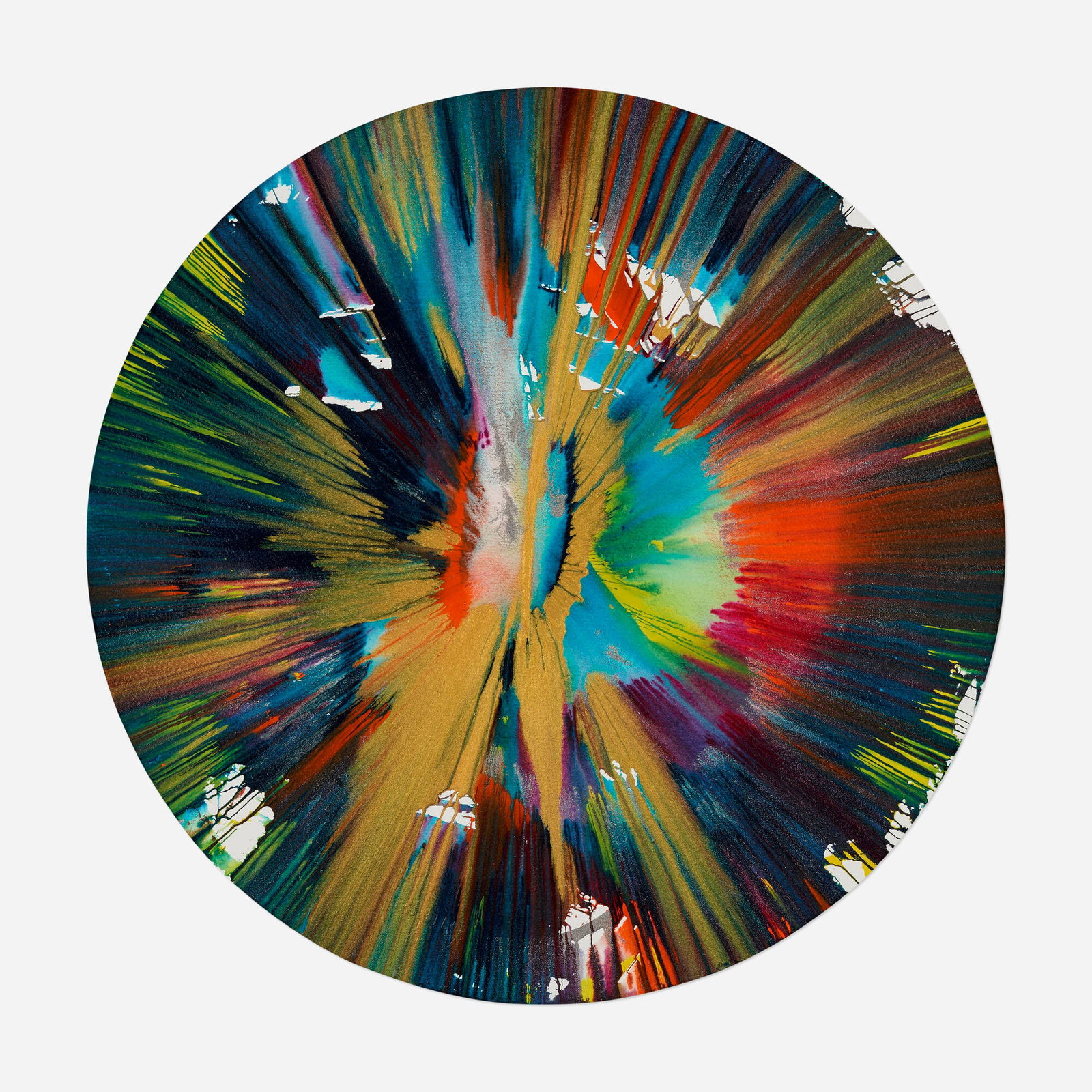 Damien Hirst, Circle Spin Painting: Damien Hirst Circle Spin Painting 2009 acrylic on paper 20.5 h x 20.5 w in (52 x 52 cm) Bears Hirst stamped signature and inscription 'This painting was made by to celebrate the opening of Damien Hirs