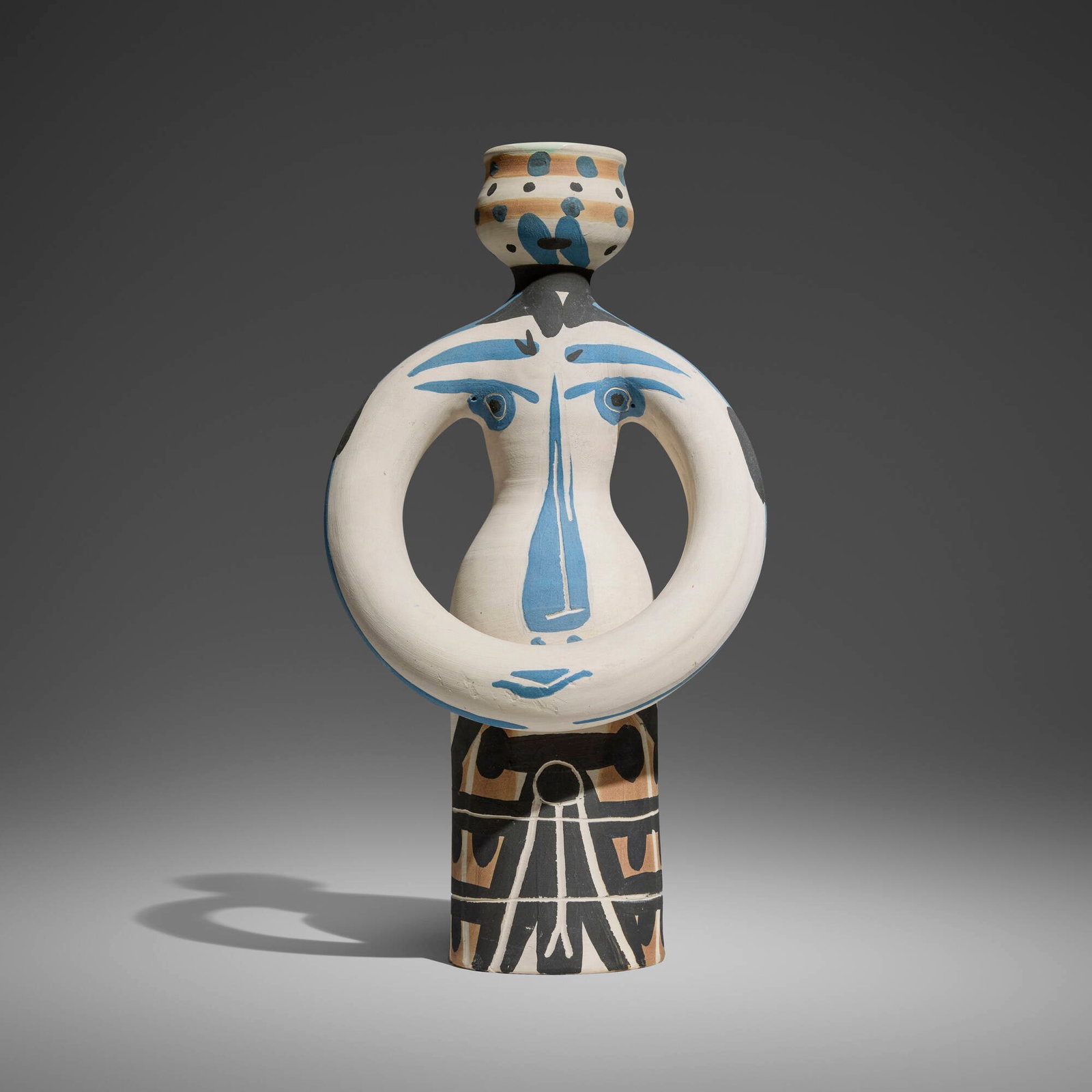 Pablo Picasso, Lampe femme: Pablo Picasso Lampe femme 1955 white earthenware with decoration in engobes 14.75 h x 7.75 w x 5.25 d in (37 x 20 x 13 cm) Impressed studio marks to underside 'Madoura Plein Feu' and 'Edition Picasso'