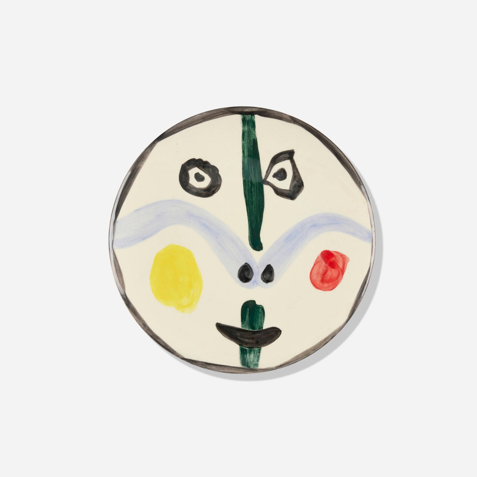 Pablo Picasso, Visage no. 0: Pablo Picasso Visage no. 0 1963 white earthenware with engobes and enamel under glaze 0.75 d x 9.875 dia in (2 x 25 cm) Glazed studio mark and number to underside 'N. 0 Edition Picasso 326/500 Ma