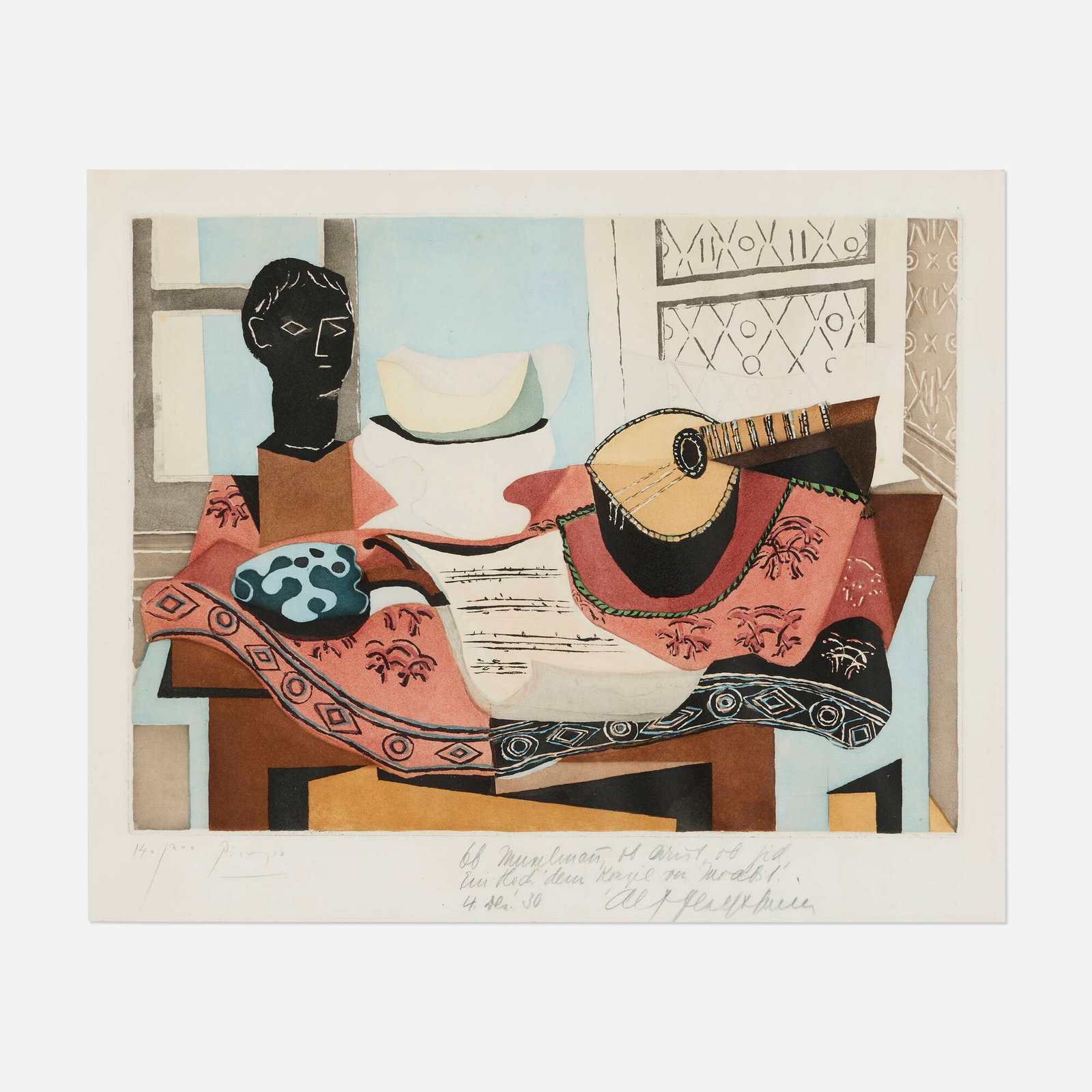 After Pablo Picasso by Jacques Villon , Nature Morte: After Pablo Picasso by Jacques Villon Nature Morte 1927-28 etching and aquatint in colors image: 14.625 h x 19.5 w in (37 x 50 cm) sheet: 18.25 h x 22.125 w in (46 x 56 cm) Signed and numbered to lowe
