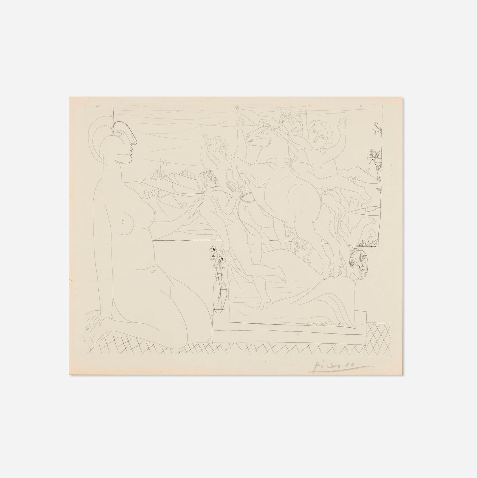 Pablo Picasso, Modele contemplant un groupe sculpte (from La Suite Vollard): Pablo Picasso Modele contemplant un groupe sculpte (from La Suite Vollard) 1933 etching on Vollard watermarked Montval image: 11.75 h x 14.5 w in (30 x 37 cm) sheet: 13.5 h x 17.625 w in (34 x 45 cm) 