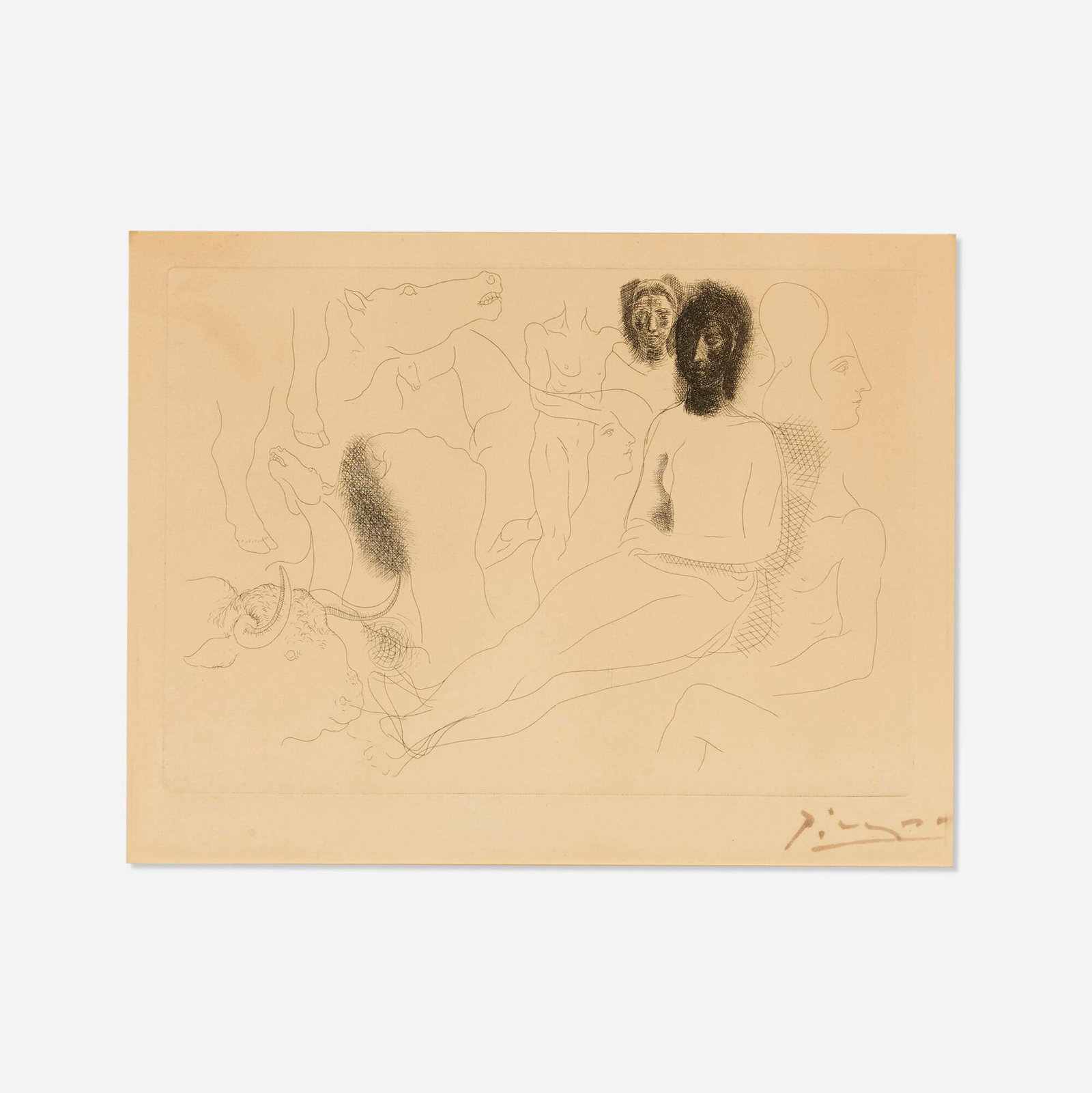Pablo Picasso, Nu assis entoure d'esquisses de betes et d'hommes: Pablo Picasso Nu assis entoure d'esquisses de betes et d'hommes (from the Le chef-d'oeuvre inconnu de Balzac portfolio) 1927 etching on Van Gelder image: 7.75 h x 11 w in (20 x 28 cm) sheet: 12.875 h 