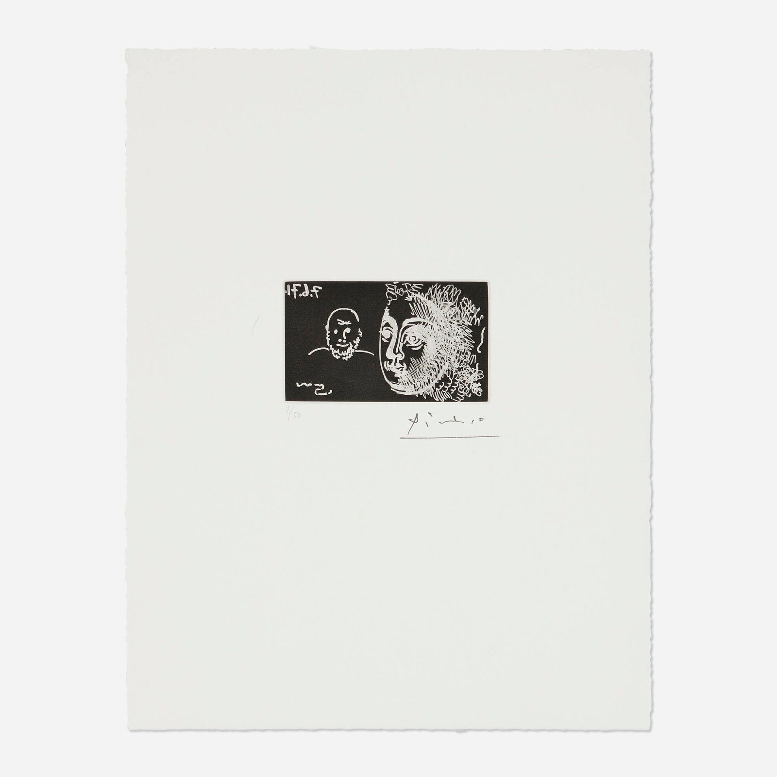 Pablo Picasso, Autoportrait avec une femme (from the 156 Series): Pablo Picasso Autoportrait avec une femme (from the 156 Series) 1971 / 1978 aquatint on Velin de Rives image: 2.25 h x 3.75 w in (6 x 10 cm) sheet: 12.625 h x 9.875 w in (32 x 25 cm) Numbered to lower