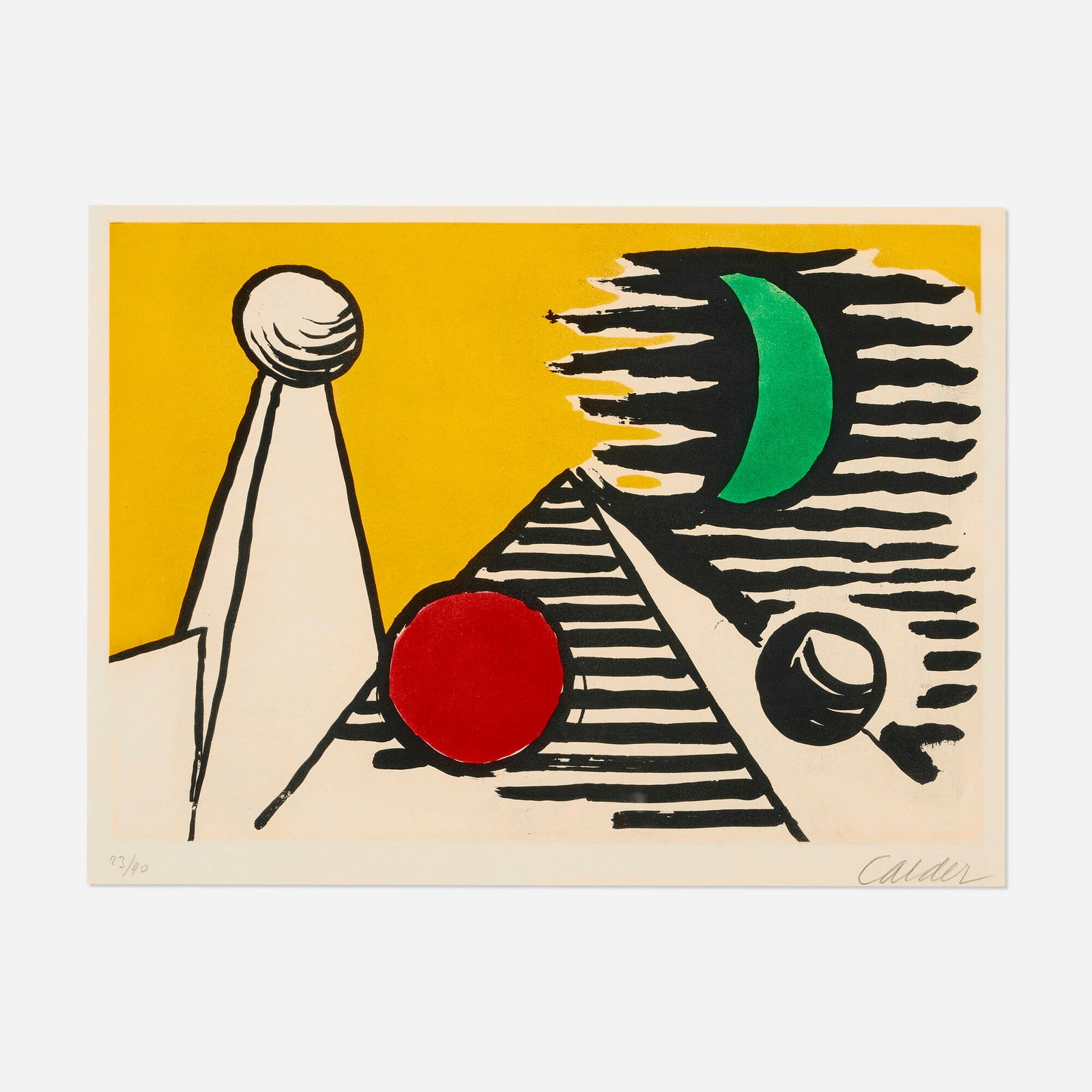 Alexander Calder, Aspect lunaire: Alexander Calder Aspect lunaire 1961 aquatint in colors image: 13.125 h x 18.5 w in (33 x 47 cm) sight: 19.5 h x 19.5 w in (50 x 50 cm) Signed and numbered to lower edge '23/90 Calder'. This