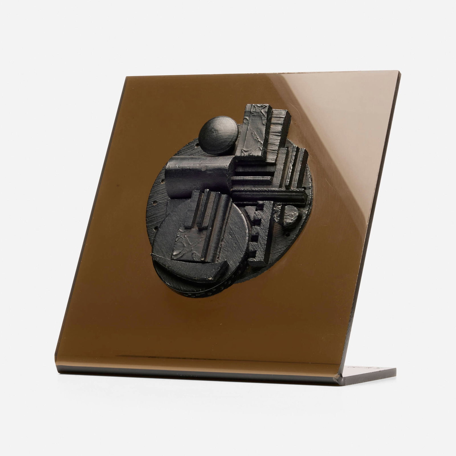 Louise Nevelson, Collegiate School Relief Multiple: Louise Nevelson Collegiate School Relief Multiple 1972 cast resin, acrylic 8.5 h x 8.5 w x 4 d in (22 x 22 x 10 cm) Incised signature, date, and number to acrylic mount 'Nevelson 72 58/150'.
