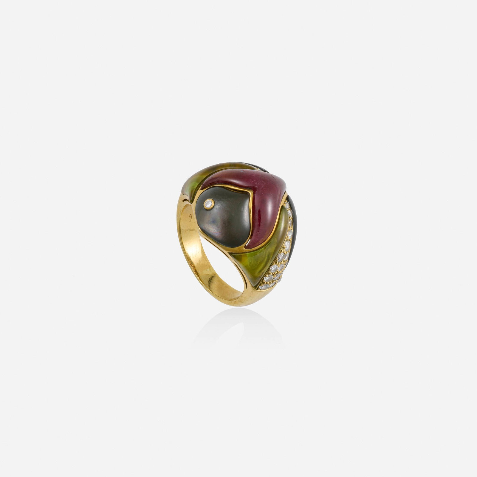 Bulgari, 'Naturalia' multi-gem, diamond, and gold ring: Bulgari 'Naturalia' multi-gem, diamond, and gold ring Designed as a stylized fish, set with cabochon pink tourmaline and peridot, mother-of-pearl, and round brilliant-cut diamonds 18k yellow gold Sign