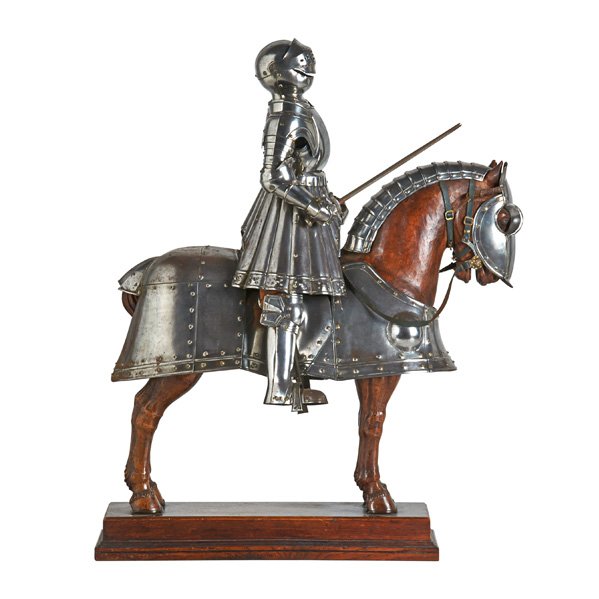 STYLE OF E. GRANGER MINIATURE SUIT OF ARMOR: Knight astride a carved wood horse, 19th c.; 24 1/2" x 10 1/2 x 18"