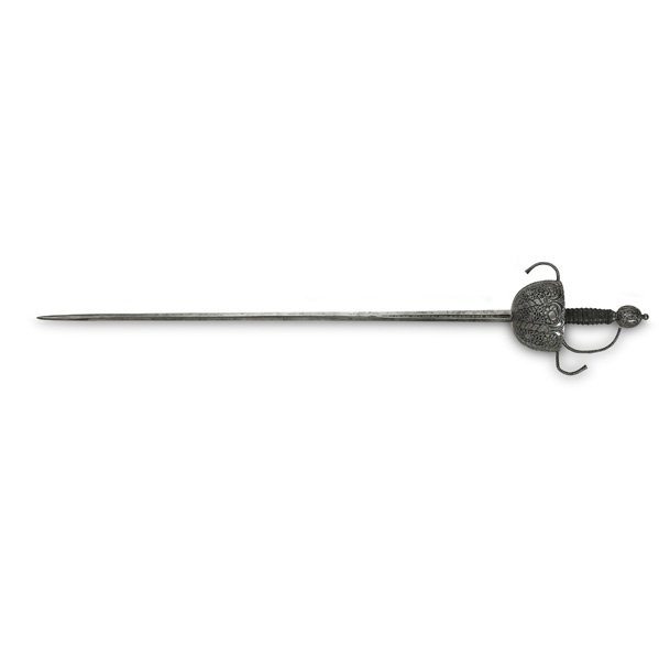 SPANISH CUP HILT RAPIER: German blade, twisted and swept guard, pierced and engraved cup, 17th c; Ricasso signed "Cain," blade with cartouche; 42 1/2" x 7"