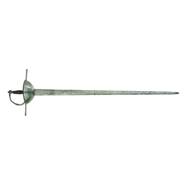 SPANISH CUP HILT RAPIER: Broad blade, wood grip,17th c.; Illegibly inscribed; 42" (overall length)